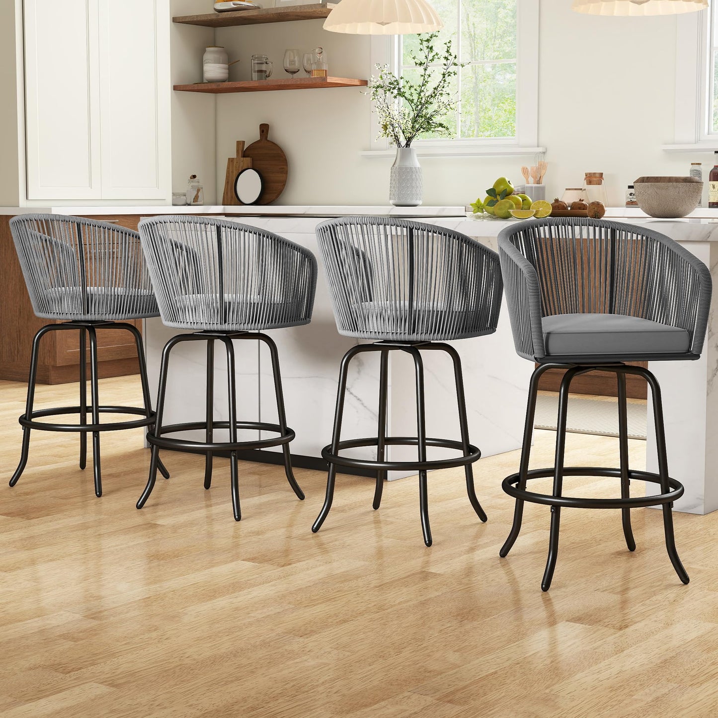 YITAHOME Counter Height Bar Stools Set of 4, Outdoor Bar Stools with Soft Cushions, Patio Rattan Swivel Bar Chairs for Backyard Poolside, Garden w /360 Rotation (Gray)