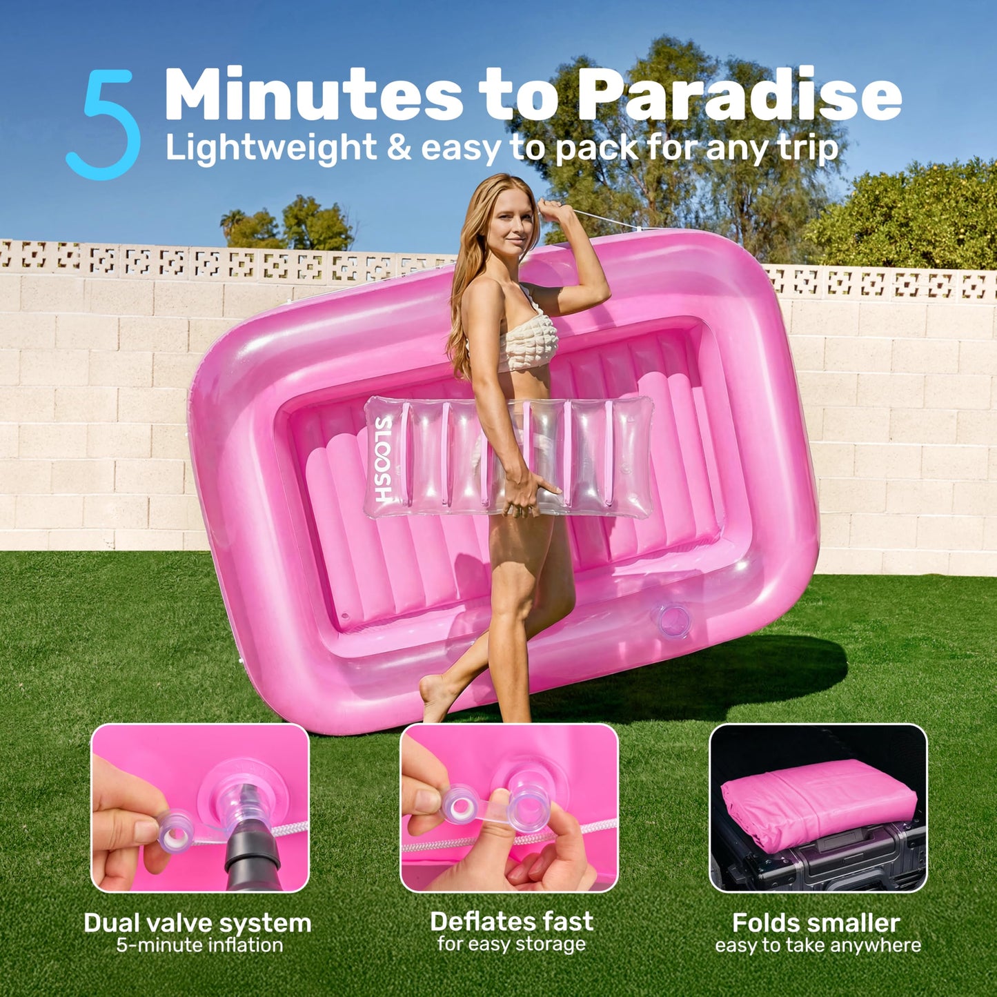 SLOOSH Inflatable Tanning Pool Lounger Float, 70" x 46" Pool Floats Adult with Pillow, 4 in 1 Suntan Tub Raft Floatie,Sunbathing Bed Lounge for Water Blow Up Kids Ball Pit Party Gifts, L-Pink