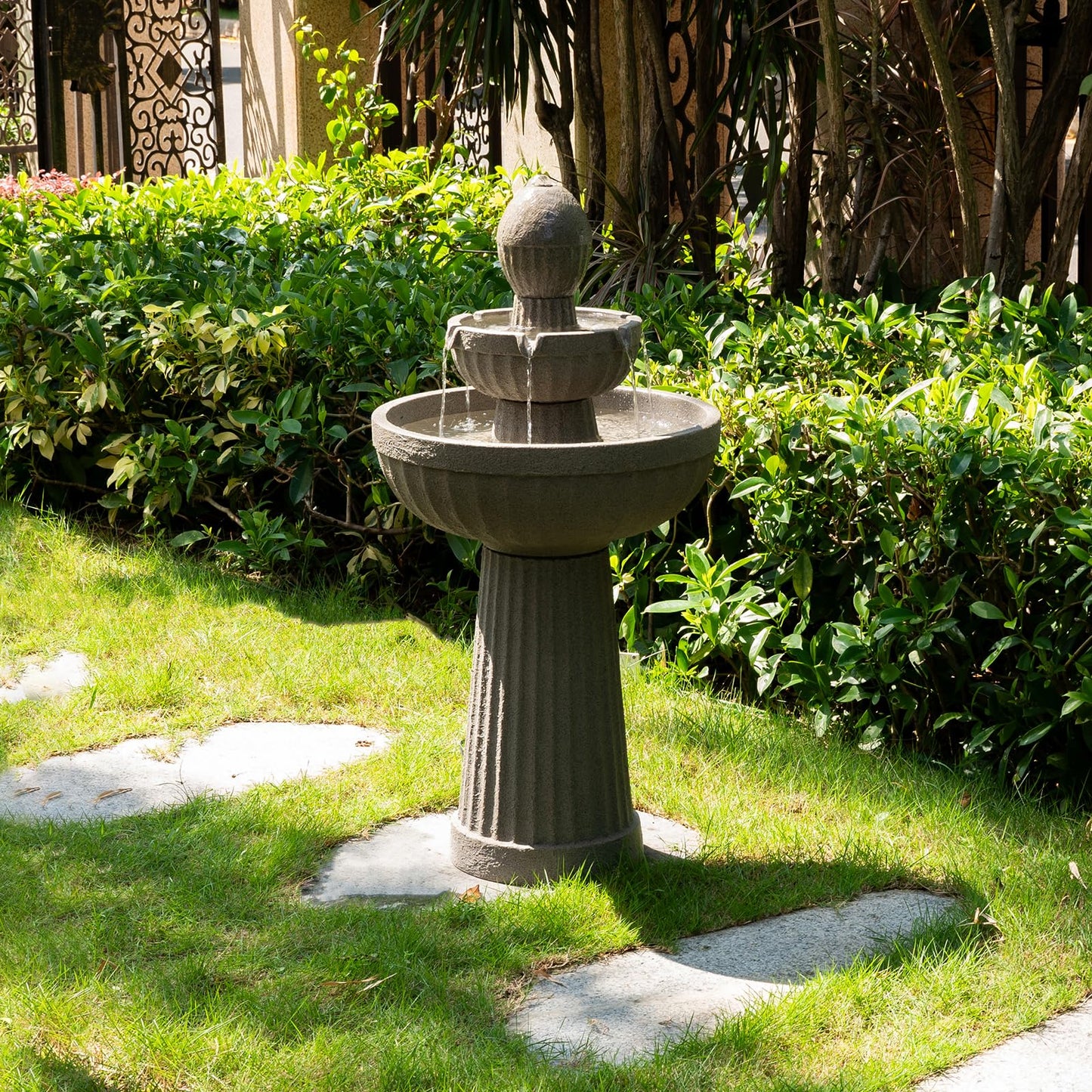 Puulye 37.80” H Outdoor Water Fountain Made with Eco-Friendly Recyclable Materials, Polyethylene Cascading Waterfall Water Fountain Outdoor, Garden Decor with LED Light for Patio, Backyard (Andesite)