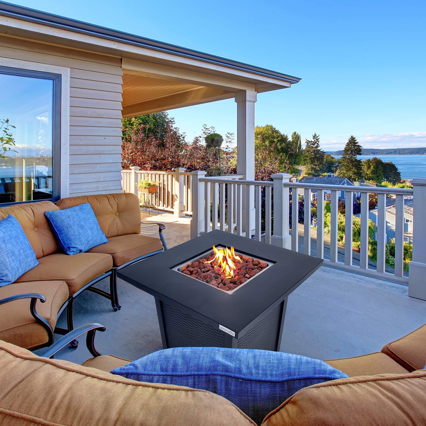 SereneLife Outdoor Propane Fire Pit Table - 40,000 BTU Square Gas Fire Table with Steel Top, Rattan-Style Panels, 6.6 lbs Lava Rock Set, Pulse Ignition for Patio & Backyard Heating, 28 x 28 x 24 in