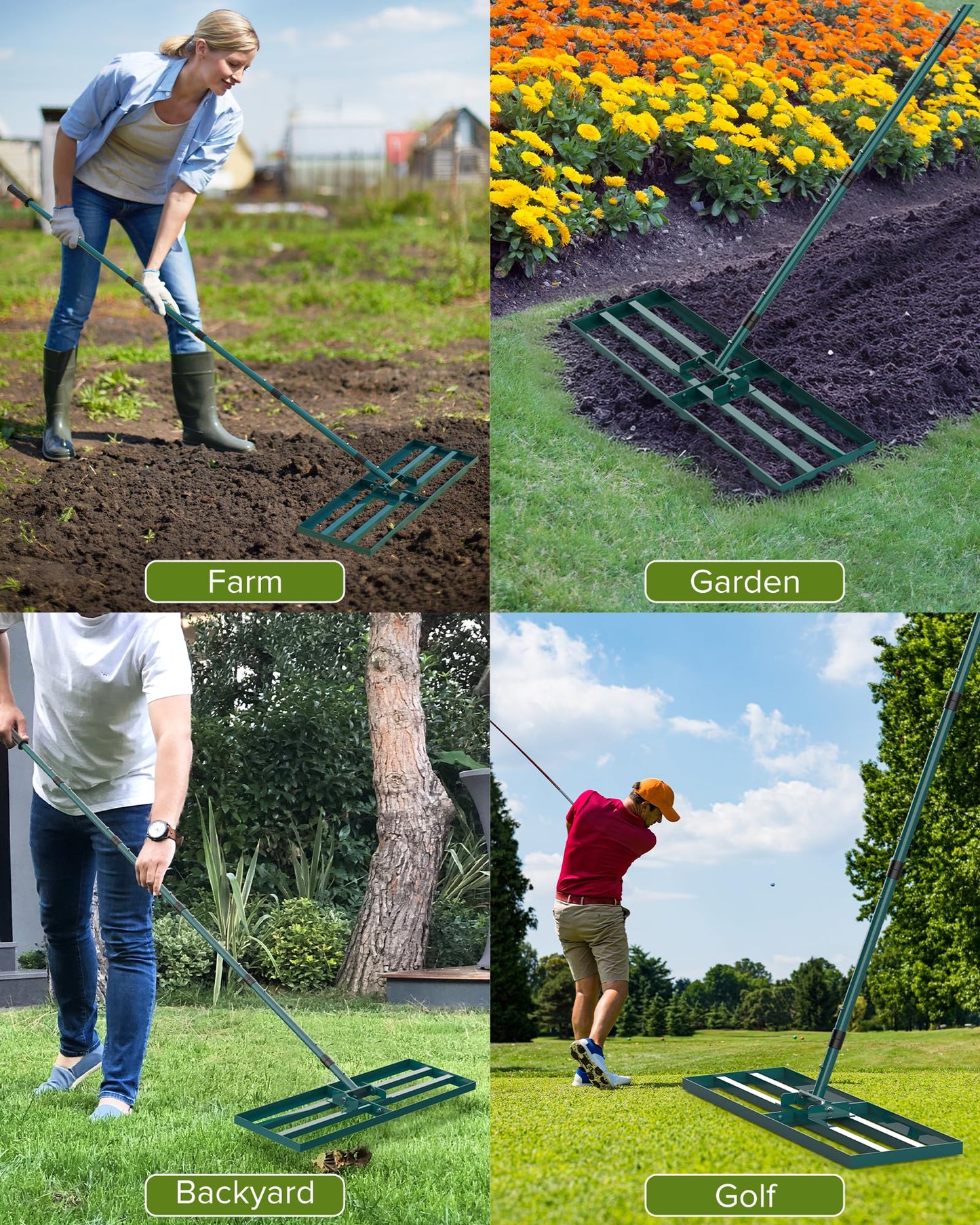 Lawn Leveling Rake, 30x10 Inch Lawn Leveler Tool with 78'' Adjustable Steel Handle, Durable Landscape Rake, Ease Level Soil Sand Dirt Surfaces,Ideal for Backyard, Garden, Golf Course, Pasture