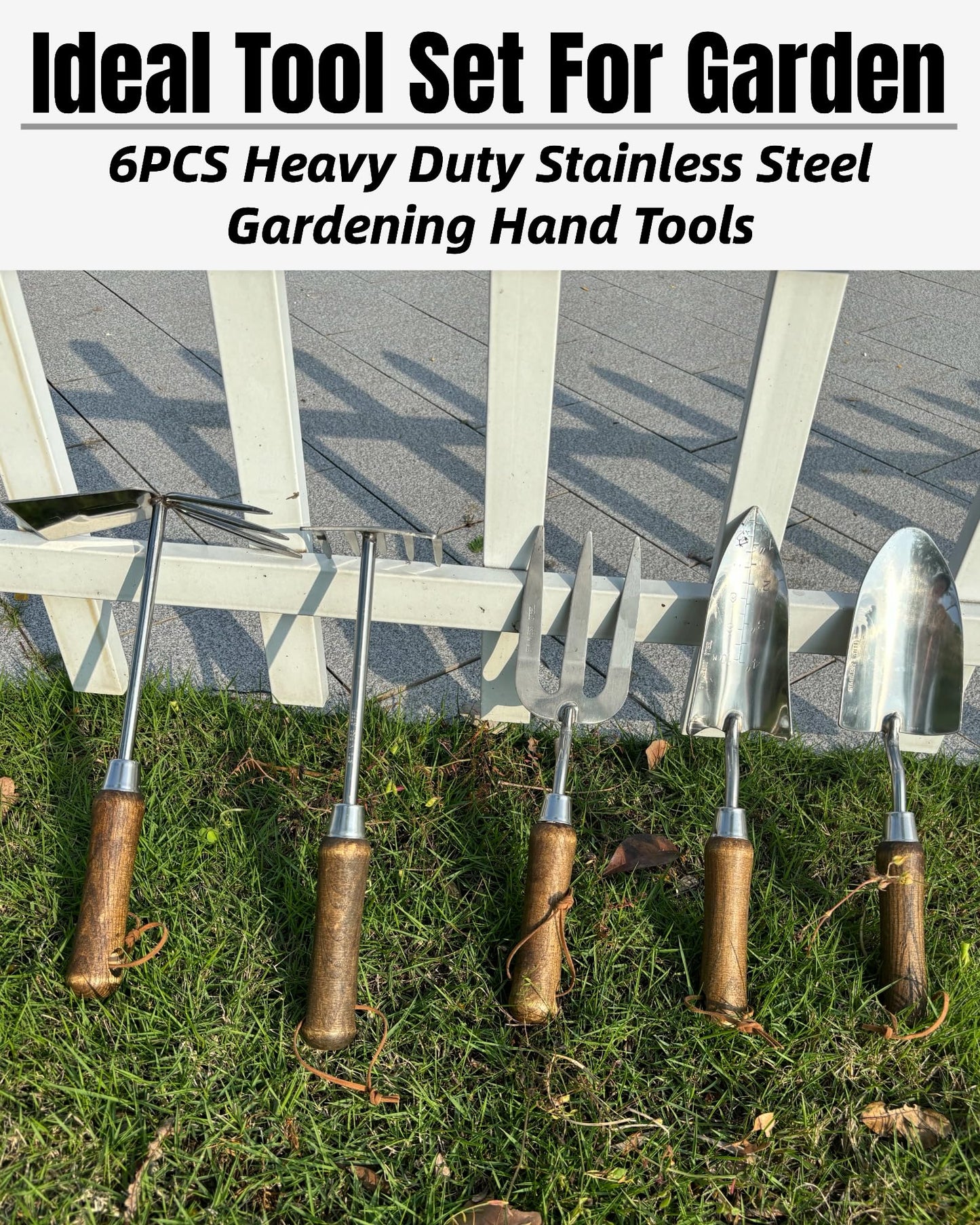 Garden Tool Set, 6PCS Heavy Duty Stainless Steel Gardening Hand Tools with Ropes, Includes Hand Cultivator Shovel Trowel Transplanter 2-in-1 Hoe Pruner Ideal Gardening Gifts for Women Men (Upgrade)