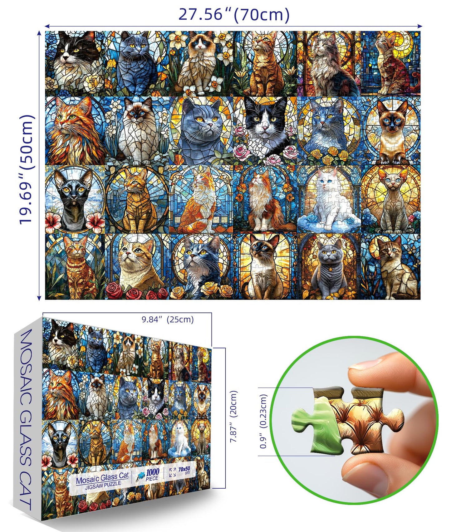 Blueforest 1000 Piece Puzzle for Adults - Stained Glass Cats Mosaic Art Jigsaw Puzzle with Poster, Game Night Gift (27.6x19.7 Inch)