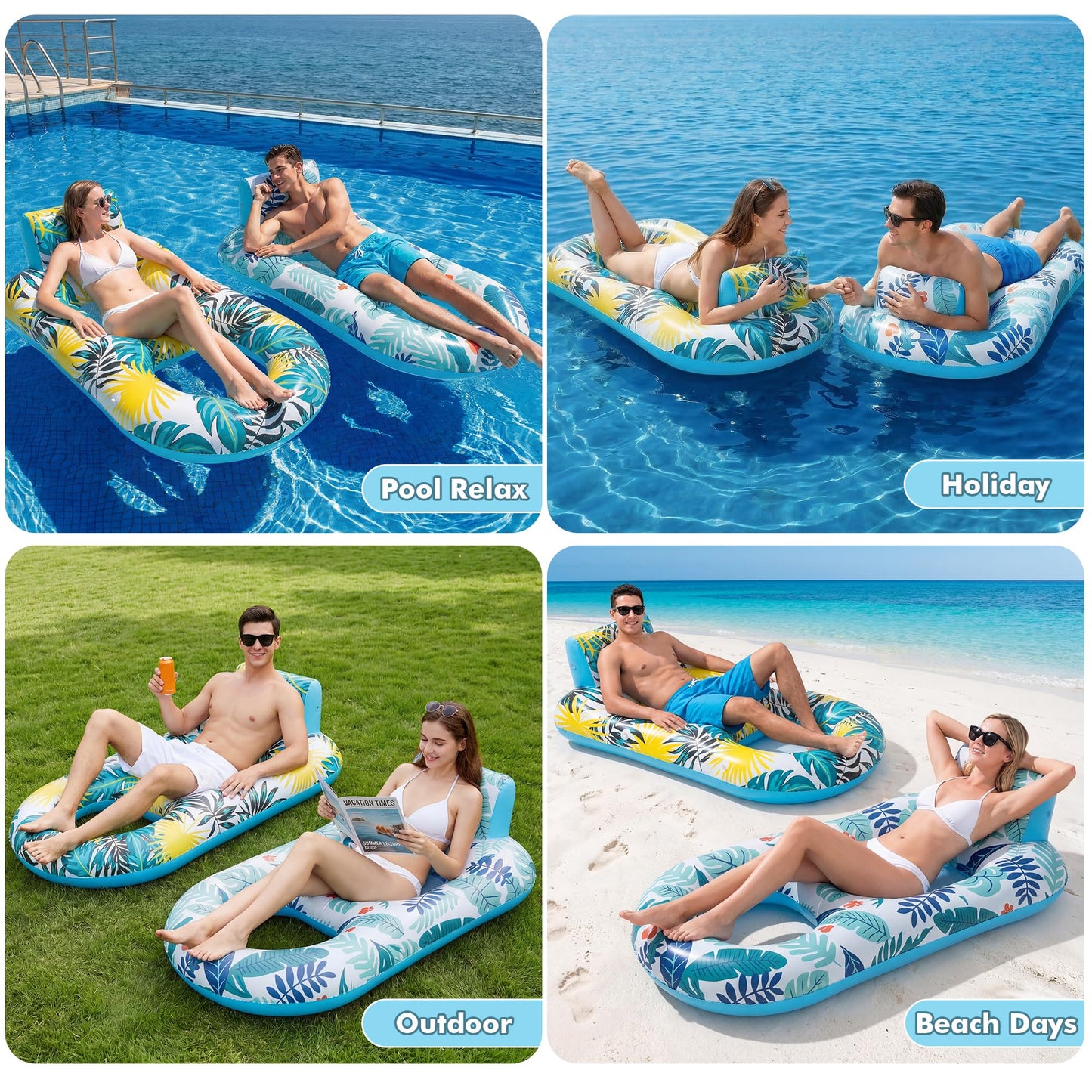 2 Pack Inflatable Heavy Duty Pool Floats Lounger, Giant Pool Floats Adult Size with Backrest & Footrest, Pool Rafts Floaties for Beach Lake Party - Multicolor