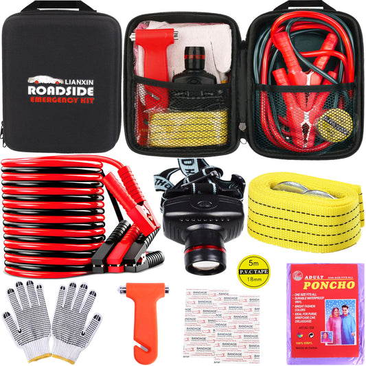 LIANXIN Car Roadside Emergency Kit, with Jumper Cables Automotive Kit,Car Safety Roadside Assistance Kit Headlamp,Tow Straps, Safety Hammers, Rainwear, Gloves.Black