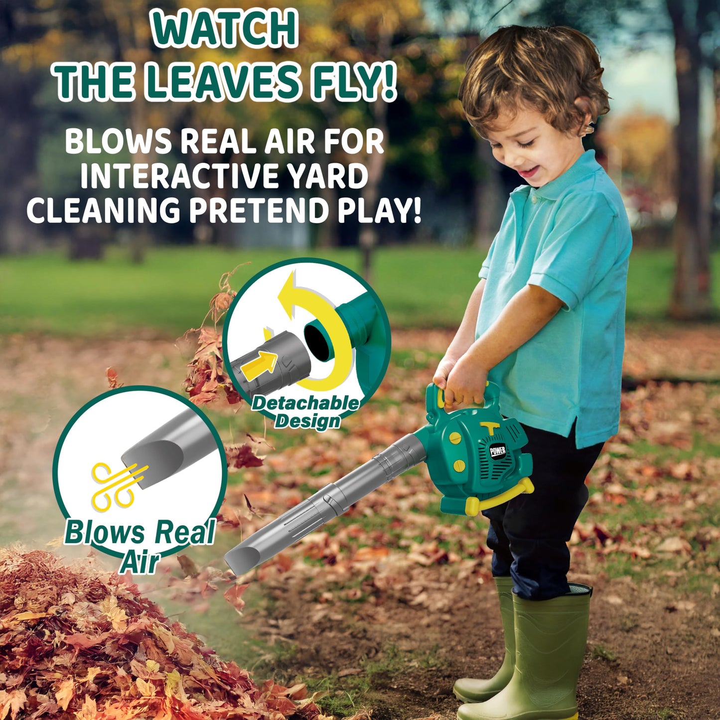 TeganPlay Kids Leaf Blower, Toy Chainsaw, and Lawn Mower Set | Realistic Toddler Landscaping Power Tools with Sound and Action| Includes Safety Goggles Mask and Earmuffs