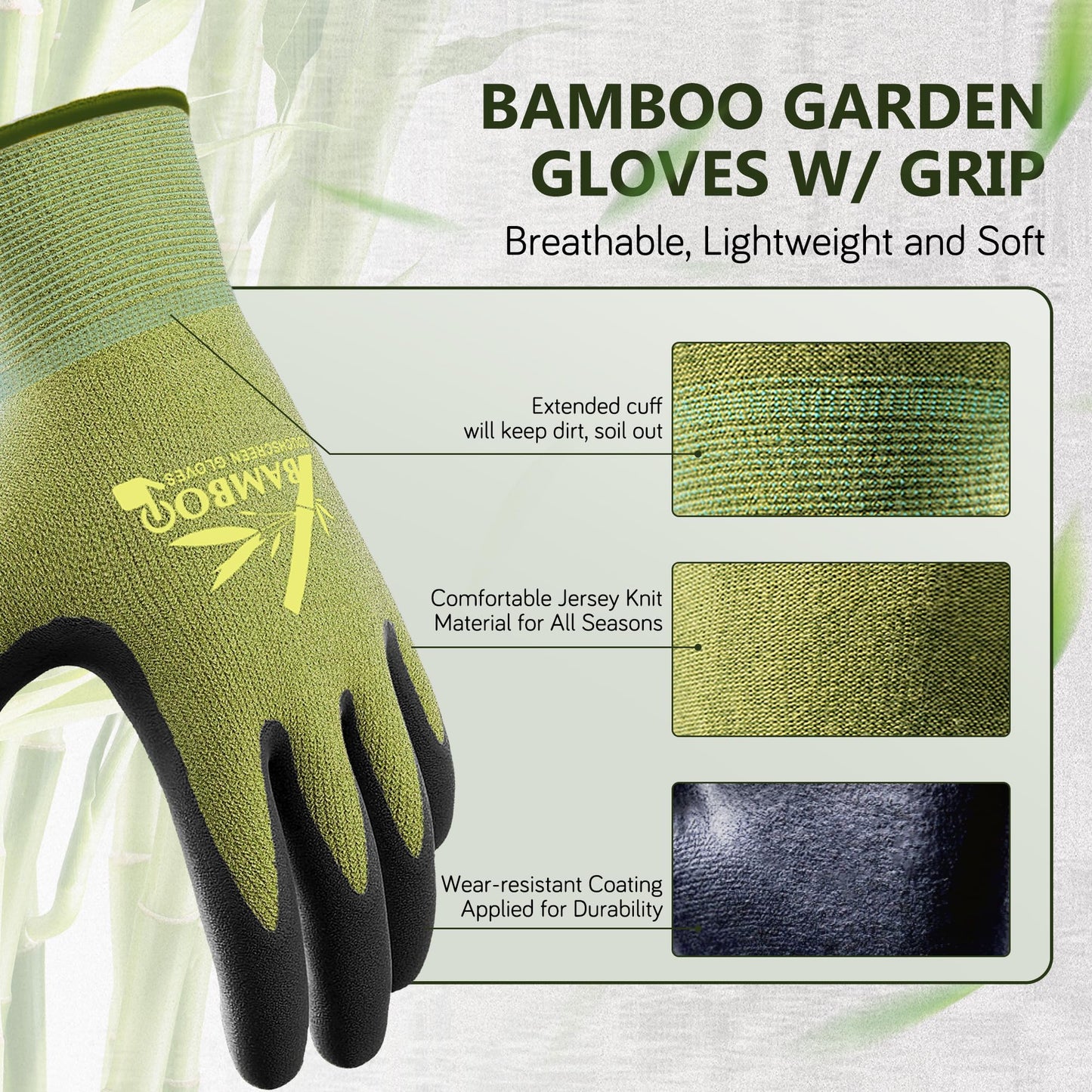 COOLJOB 2 Pairs Gardening Gloves for Women and Men, Bamboo Working Gloves Touchscreen, Grippy Nitrile Rubber Coated Work Gloves, Green/Black, Large Size (2 Pairs L)