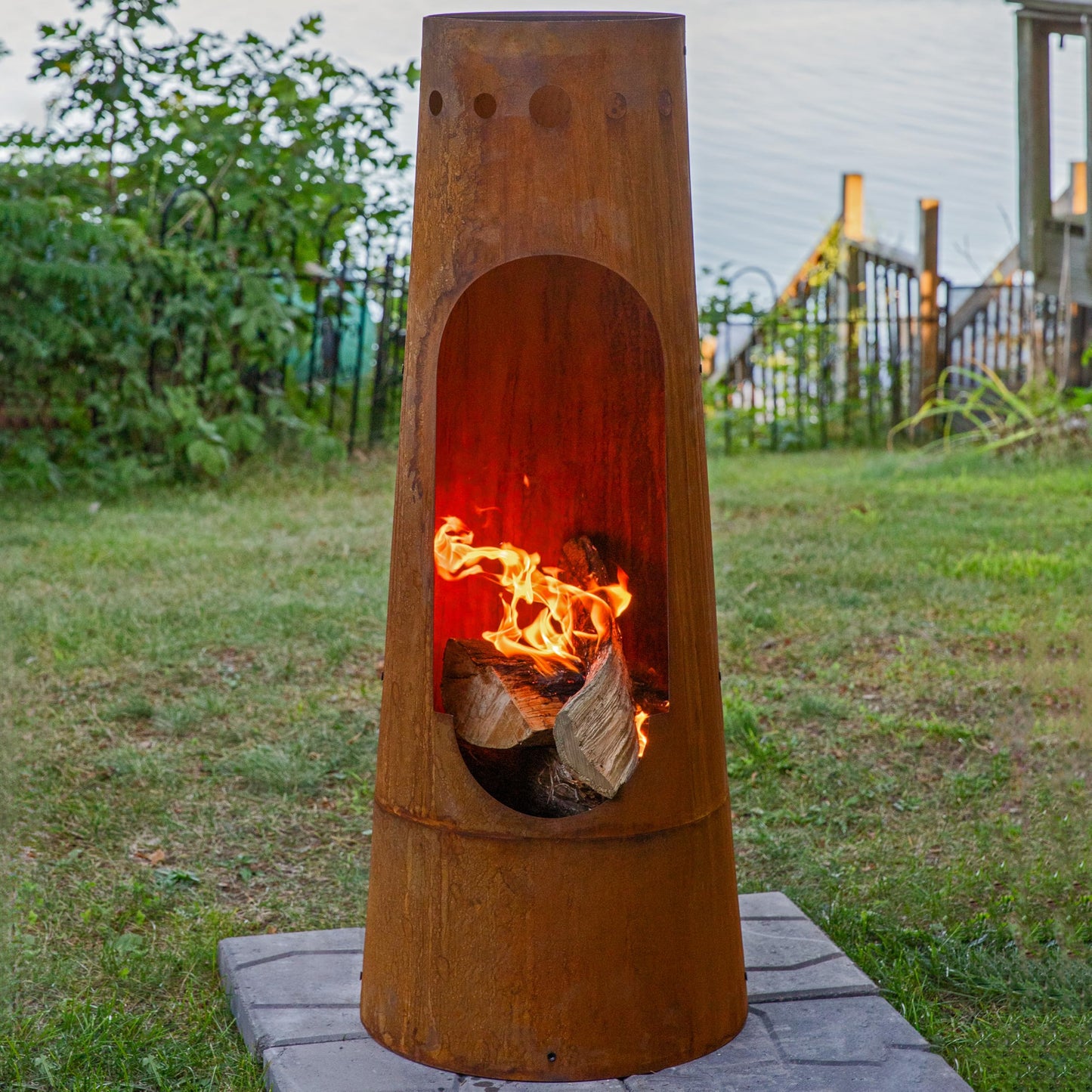 Sunnydaze Santa Fe 50-Inch Chiminea Outdoor Fire Pit - Wood-Burning Chiminea Outdoor Fireplace with Wood Grate - Rustic Patina Finish