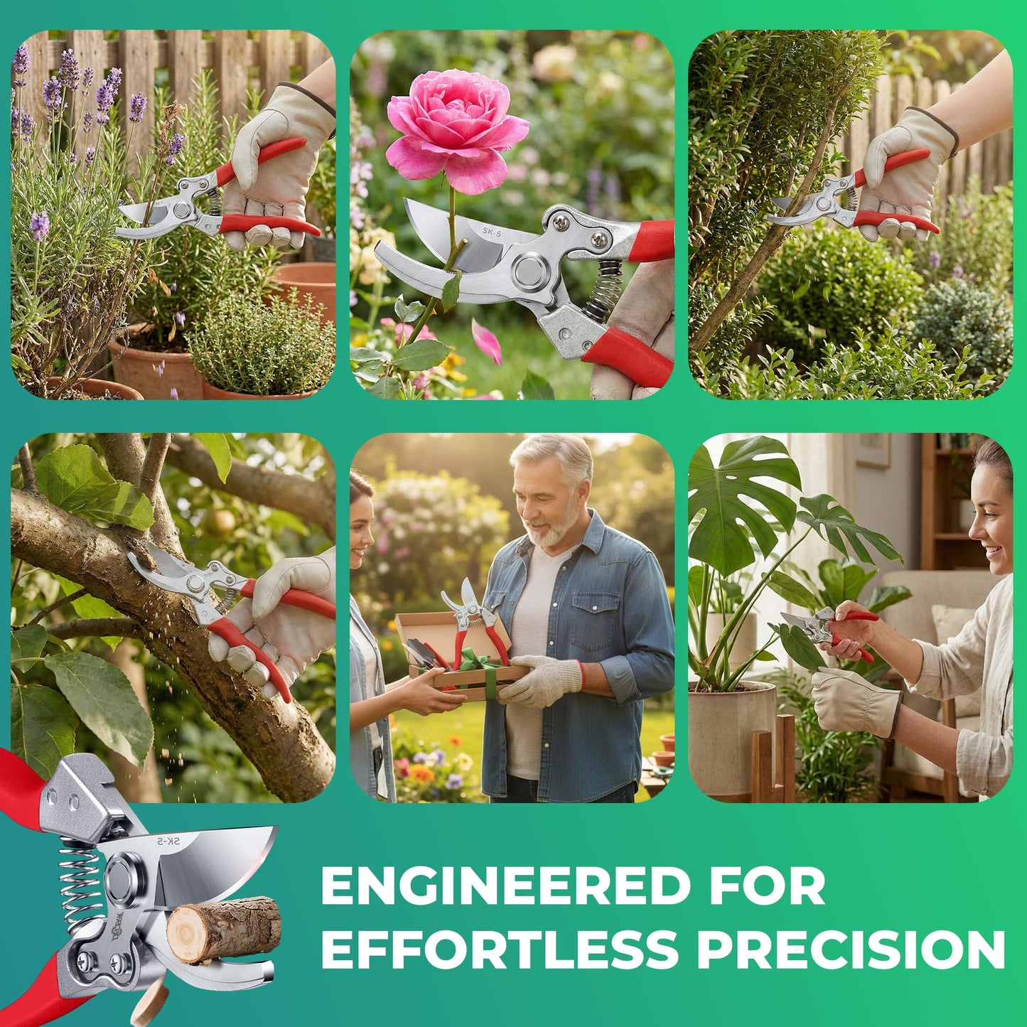 Flora Pruning Shears – SK5 Steel Garden Scissors with Safety Lock, 1” Cutting Capacity, Ergonomic Non-Slip Handles, Bypass Hand Pruners for Plants, Roses, Bonsai & Shrubs