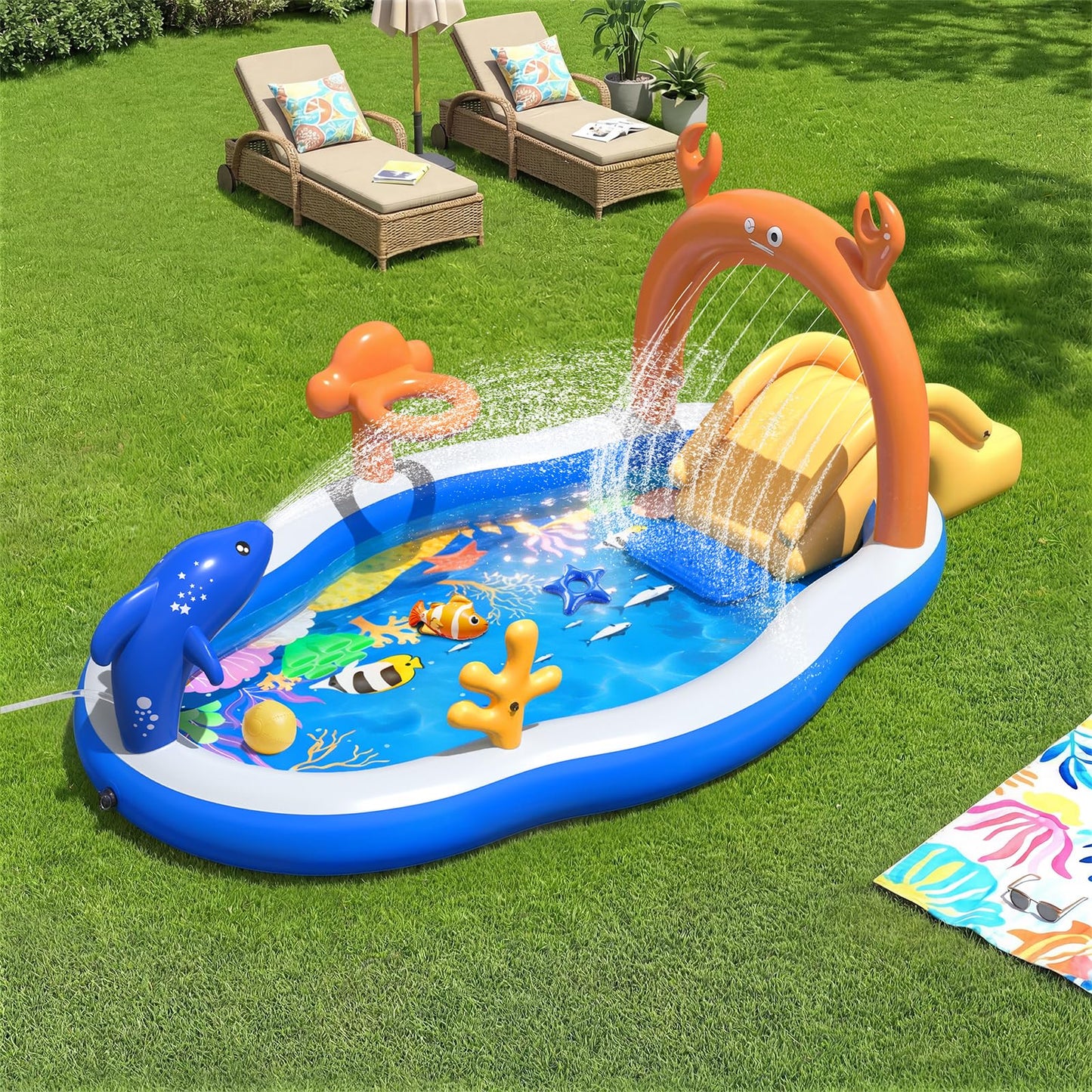 LuxPool 2026 Large Inflatable Play Center,Toddler Pool with Water Slide&Sprinkler,110"x70"x50"Inflatable Kiddie Pool with Slide,Backyard Kids Water Slide,Blow-Up Splash Pad for Toddlers