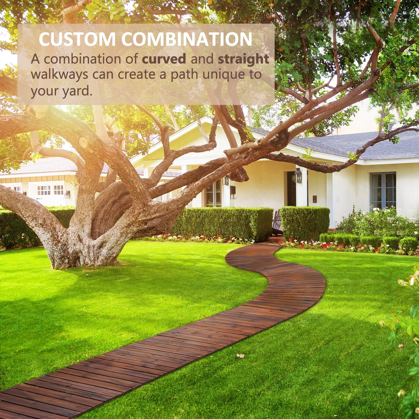 Spurgehom 7FT Wooden Garden Pathway Curved Outdoor Walkway Roll Out Cedar Wood Patio Flooring Path Decorative Lawn Patio Pavers Boardwalk Beach Wedding Party (Brown)