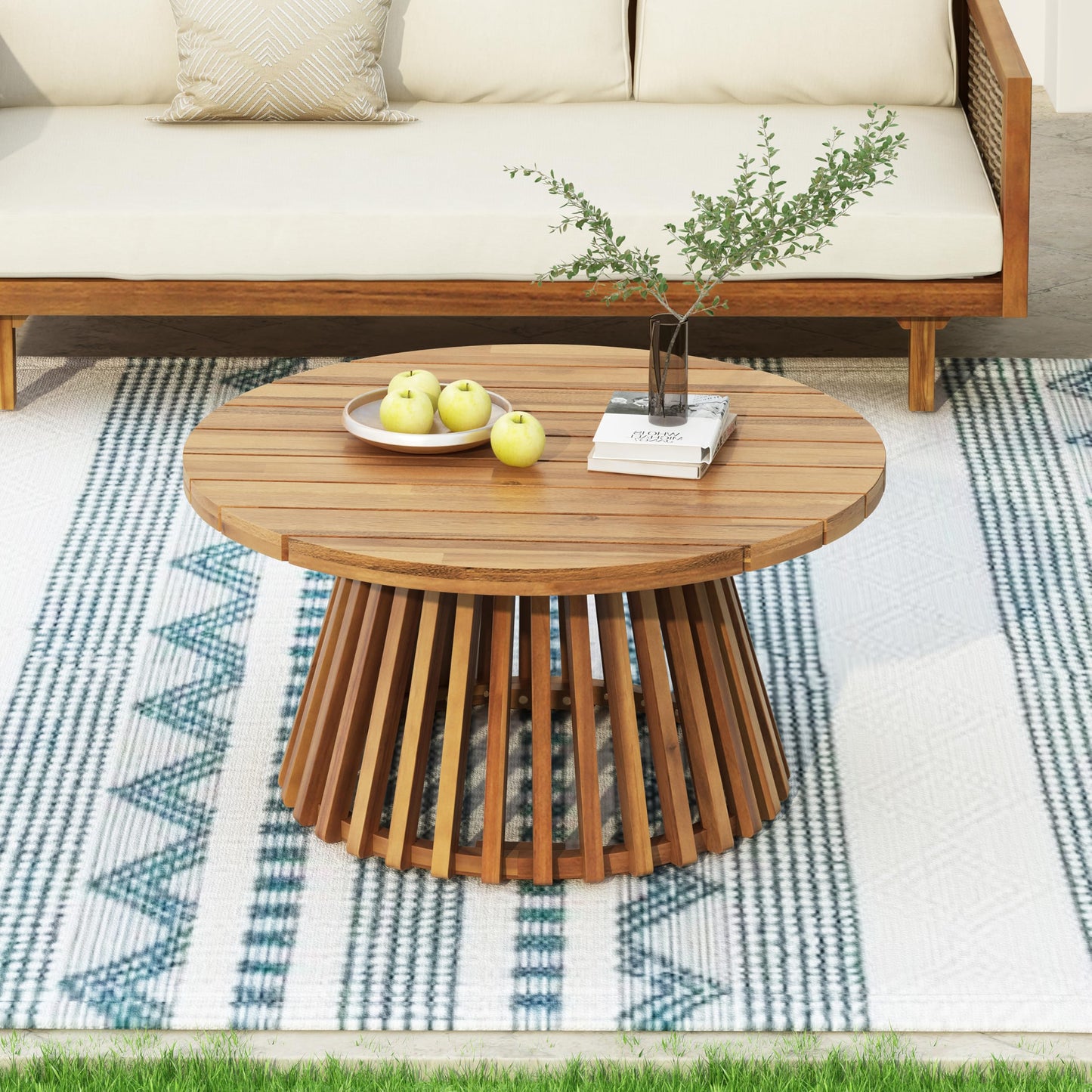 Christopher Knight Home Claremont Patio Sofa and Coffee Table Set, 2 Piece Outdoor Patio Furniture Set with Cushion, Acacia Wood 3 Seater Outdoor Sofa Daybed and Coffee Table Set, Teak+Dark Grey