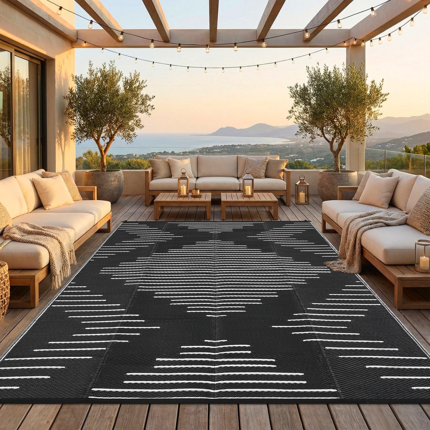 Garvee Waterproof Outdoor Area Rug 9x12 Plastic Reversible Rug for Patio Decor Easy-Cleaning Large Floor Mat for Camping RV Porch Deck Backyard Balcony Picnic Black White