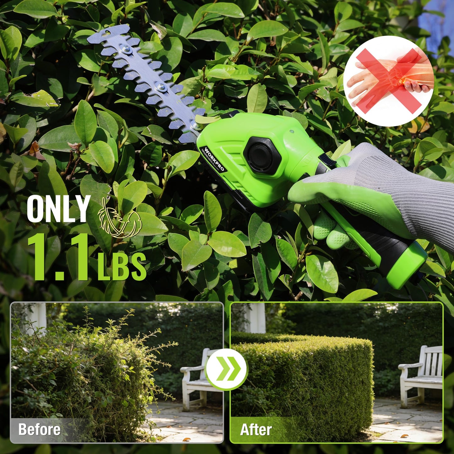 WORKPRO Cordless Grass Shear & Shrubbery Trimmer - 2 in 1 Handheld Hedge Trimmer 7.2V Electric Grass Cutter 2.0Ah Rechargeable Lithium-Ion Battery and USB Cable Included