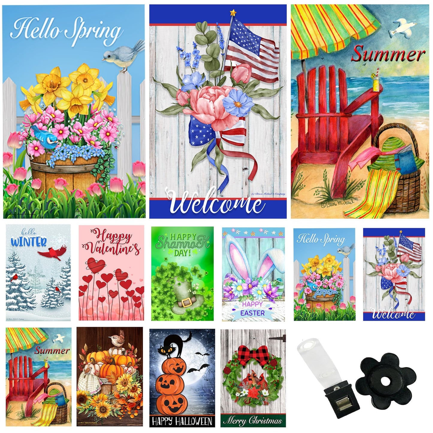 Seasonal Garden Flags Set of 10 12x18 inch Double Sided Yard Flags, Outside Small Garden Flag with Anti-Wind Clip and Stopper, Outdoor Holiday Lawn Decorative Decor