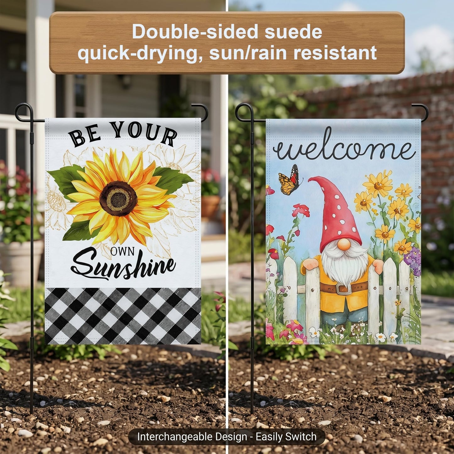 Topadorn Suede Garden Flag Stand Set with 2 Suede Double-Sided 12x18 Inch Flags – Metal Holder Pole Stake for Yard, Patio, Lawn Outdoor Decor(Flower)