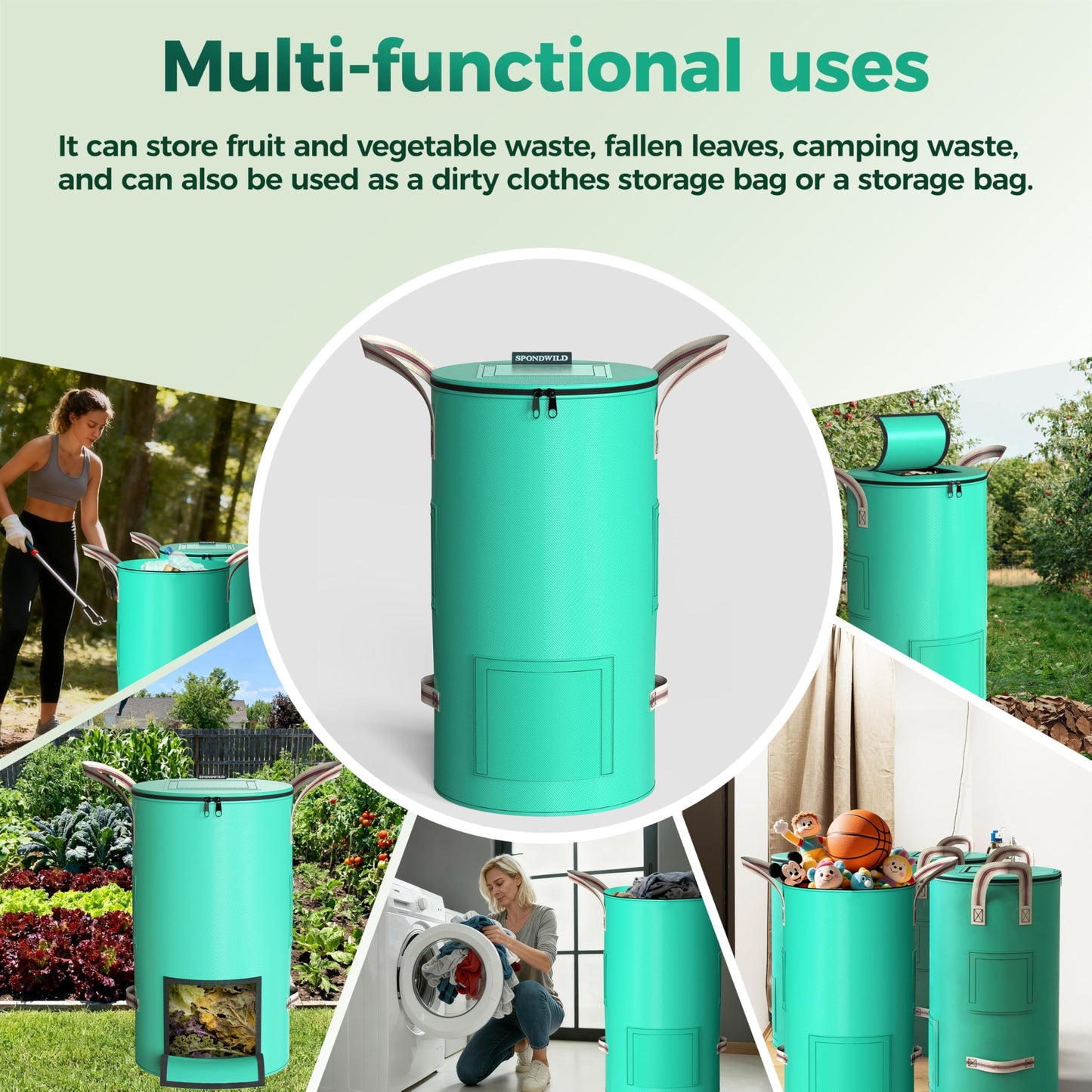 SPONDWILD Compost Bins Outdoor 32 Gallon Reusable Garden Yard Waste Bag Breathable Thickened Foldable with 4 Handles for Leaf Compost Collection
