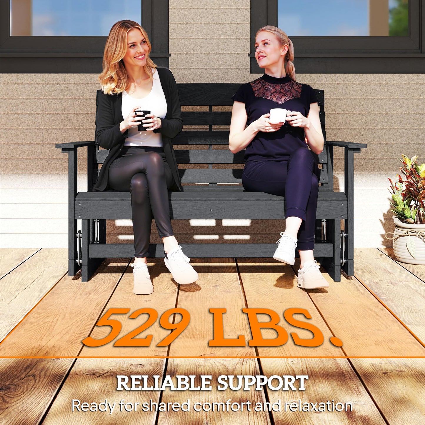 Outsunny 2-Person Outdoor Glider Bench, HDPE Weather Resistant Patio Double Swing Glider Rocking Chair Loveseat with Armrests, Slatted Seat and Backrest for Backyard Garden Porch, Distressed Black