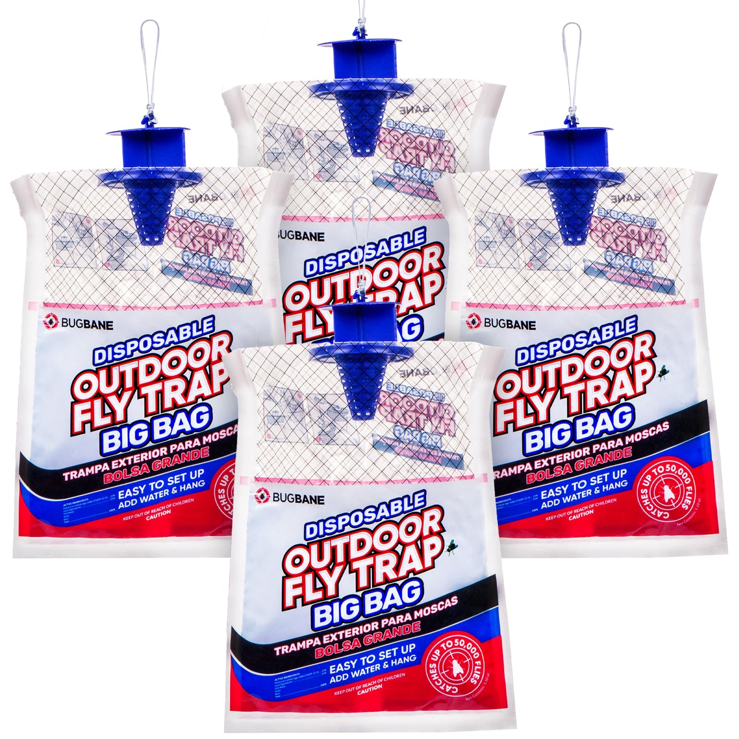 Fly Traps Outdoor Fly Trap for Patio. 4 Large Non-Toxic Pre-Baited Flies Bags Outdoor Disposable. Big Hanging Bug Catchers for All Filth Flies Killer for Outside Bug Control in Yard Horse Ranch.