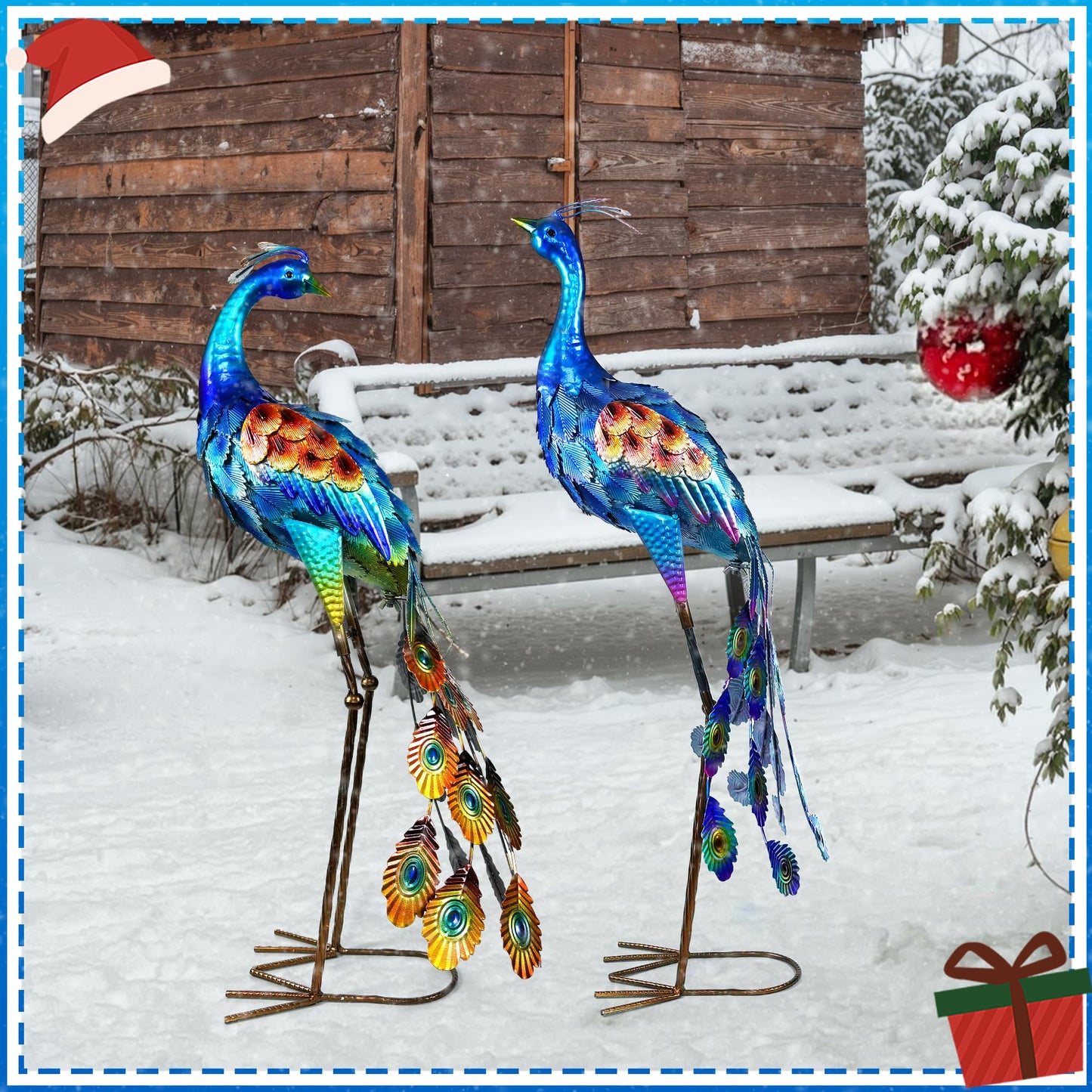 Ruifabo 33.4“ Lifelike Metal Peacock Garden Sculptures Set of 2 - Hand-Painted Garden Peacock Sculpture Art and Durable Yard Art Outdoor - Garden Large Peacock Decorations for Patio Lawn or Backyard