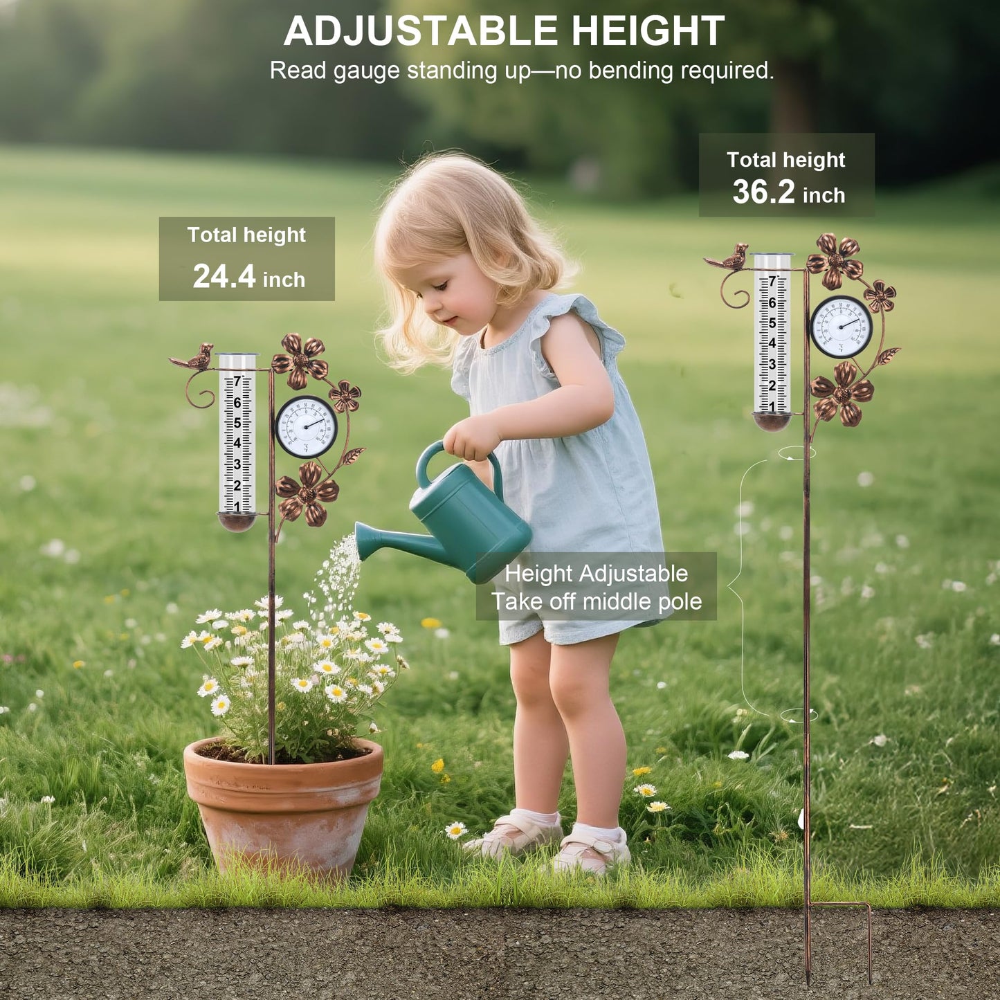 shumi Rain Gauge Outdoor with Thermometer Garden Decor, Bird and Flower Decorative Outdoor Rain Gauges for Yard Patio Lawn, Gardening Gifts for Women