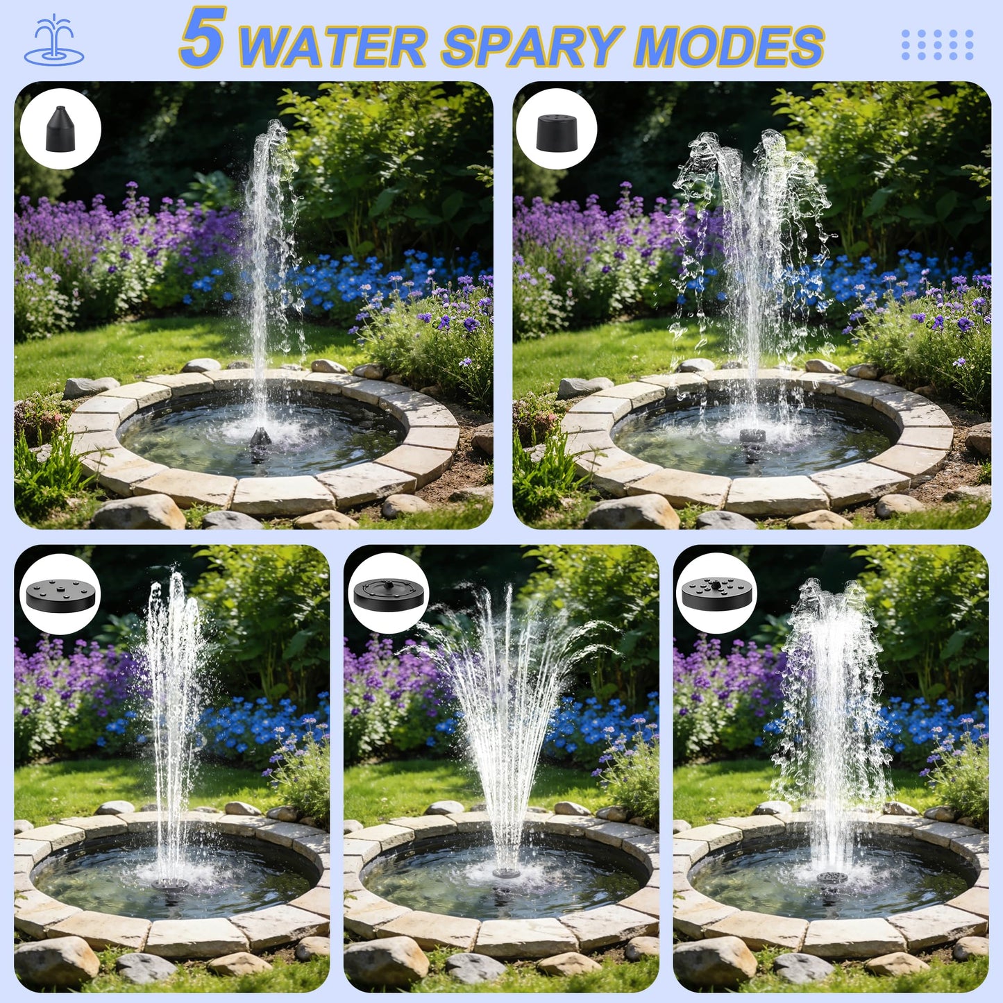 Yeomi Solar Water Fountain for Bird Bath, 2.5W 5V Solar Powered Water Pump with Separated Solar Panel, Outdoor Solar Fountain for Small Pond, Garden Water Feature Decoration with 5 Spray Nozzles