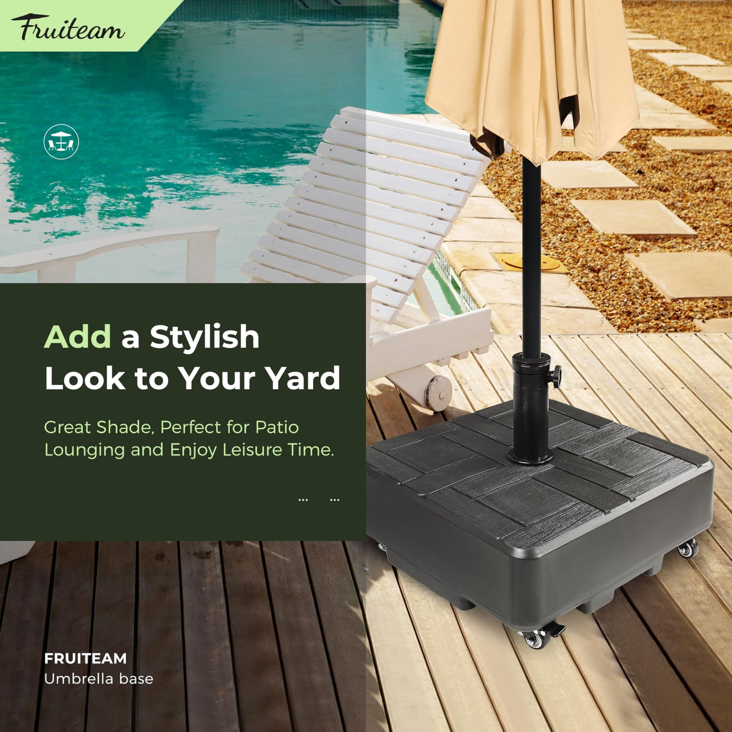 FRUITEAM Umbrella Base with Wheels, 100 LBS Heavy Duty Patio Umbrella Stand, Fillable Weighted Umbrella Base Holder for Patio, Deck, Poolside, Rust-Resistant and Windproof Design - Black