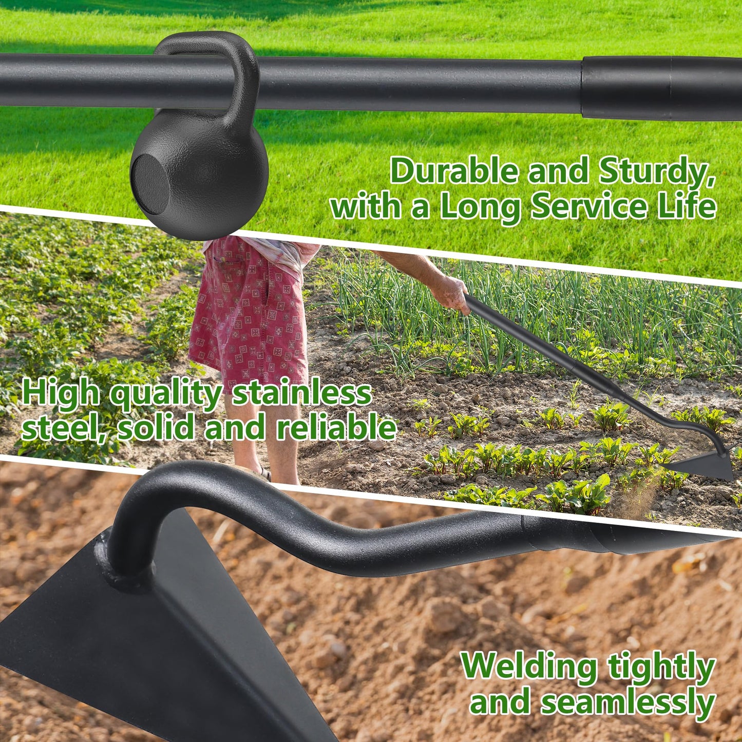 LLARGUEST Hoe Garden Tool, Triangle Garden Hoe for Digging Cutting Trenches Loosen Soil Heavy Duty Hand Weed Hoe Long Handle 59 Inch