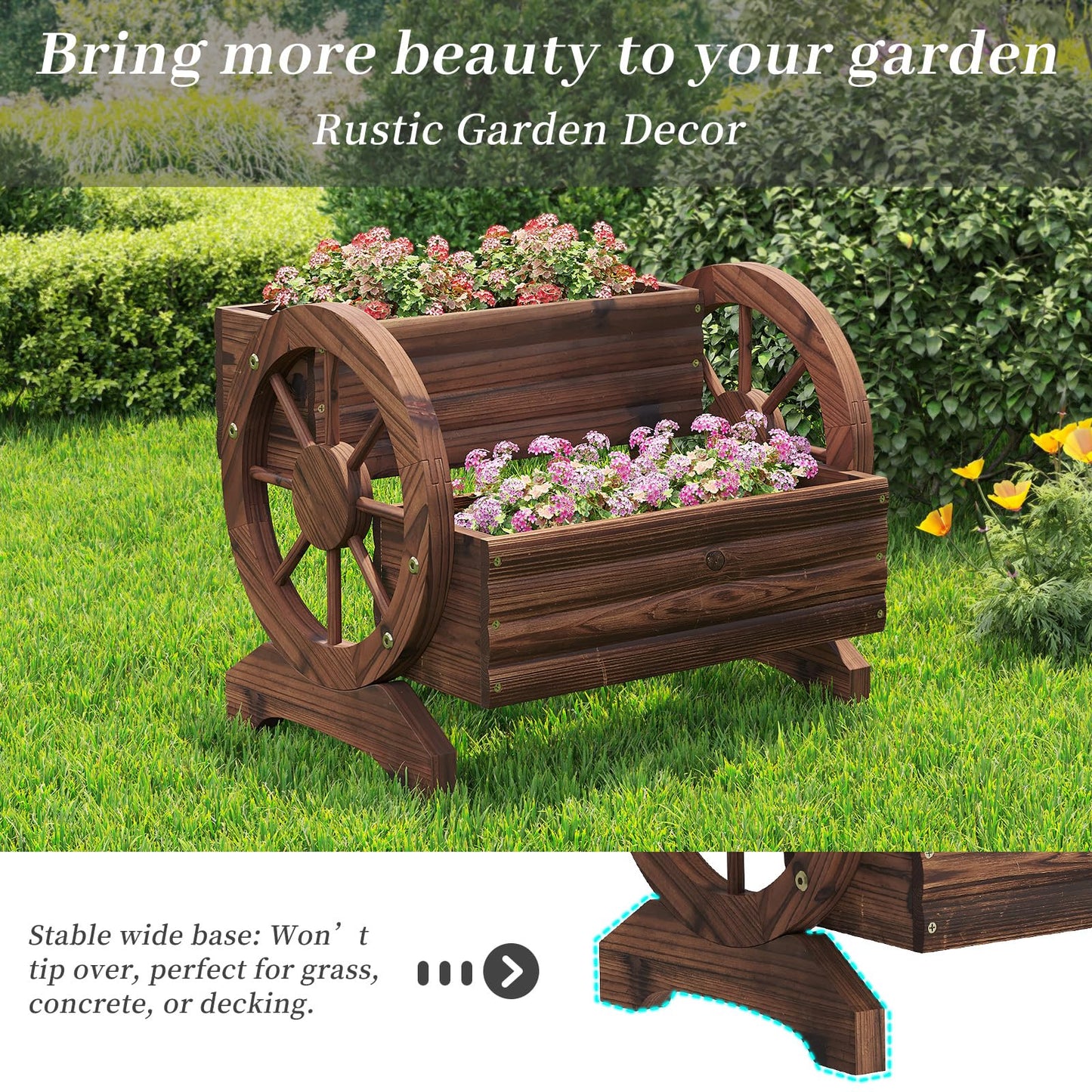 Kitsanery Wooden Planter Box,Planters for Outdoor Plants, Flower Cart for Patio Garden Balcony, Backyard Decor Garden Planters with Wheels for Flowers,Vegetables (Carbonised Colour (Dark Brown))