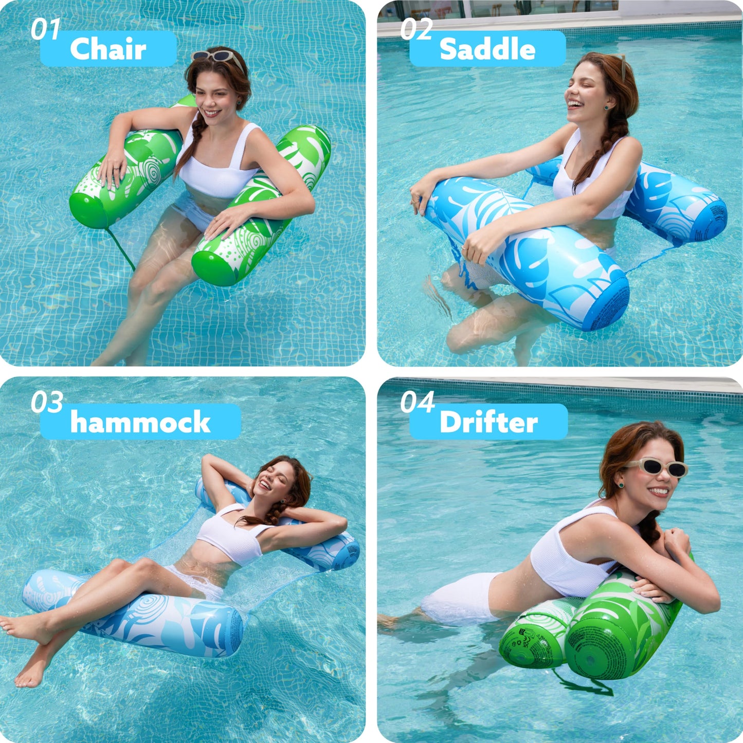 SLOOSH 2 Packs Tropical Leaves Hammock Pool Floats Adults, 4-in-1 Multi-Purpose Inflatable Pool Floats PVC Water Hammock Lounge Floaties (Blue&Green)