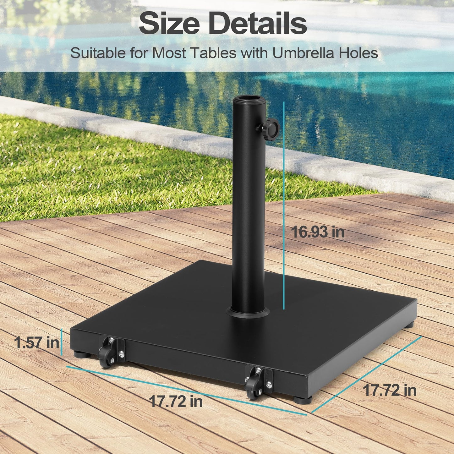VredHom Patio Umbrella Base 43lbs Outdoor Umbrella Stand with Wheels, Heavy Duty Square Concrete Stand Market Umbrella, Black