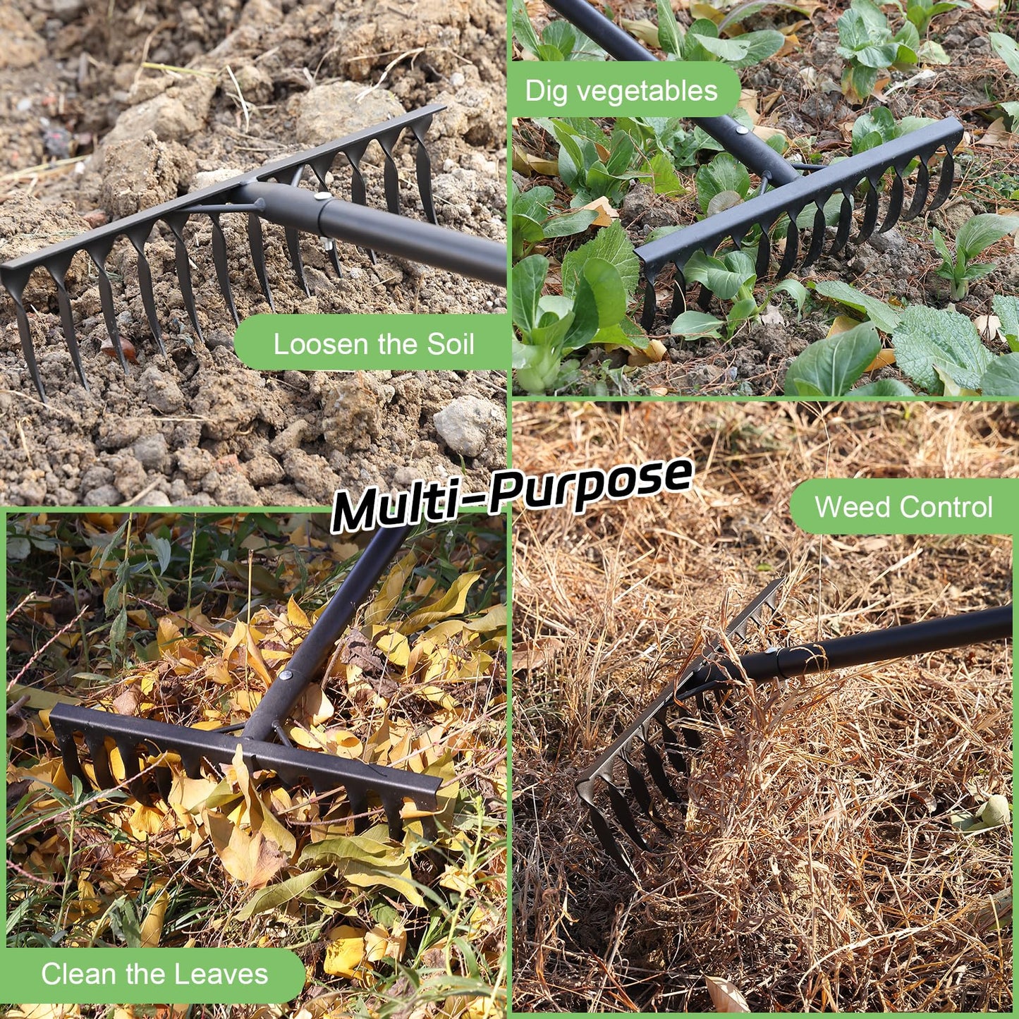Bow Rake, 78" Heavy Duty Garden Tools Lawn Leveling Rake with Long Handle, 12 Tines Garden Tools Metal Head for Loosening Soil, Cleaning the Leaves and Weeding Control, Leaf, Thatch, Landscape Tools
