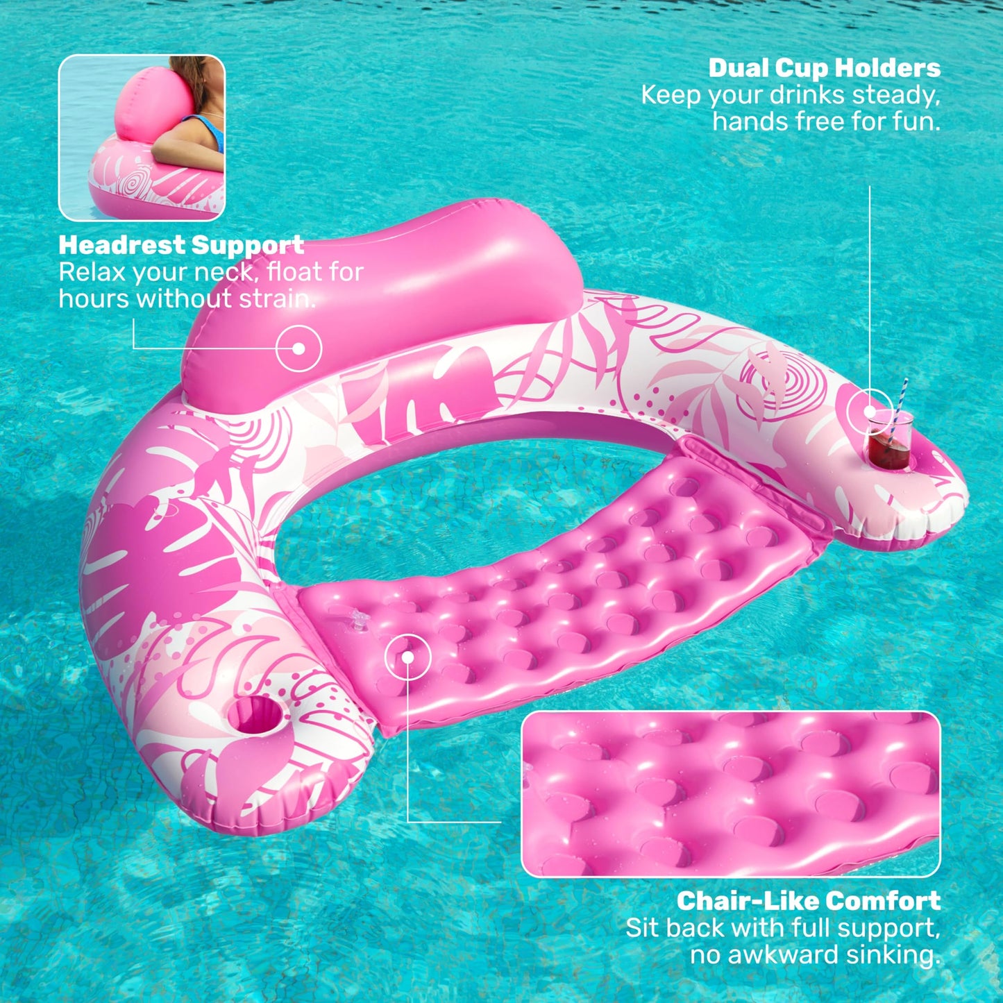 SLOOSH Inflatable Pool Floats Adult, 4 Pack Pool Chairs with Cup Holders,Blow up Floats Chair,Hammock Noodle Mat Leaves Design for Summer Water Fun Swimming Party Beach,Blue, Cyan, Pink, Champagne