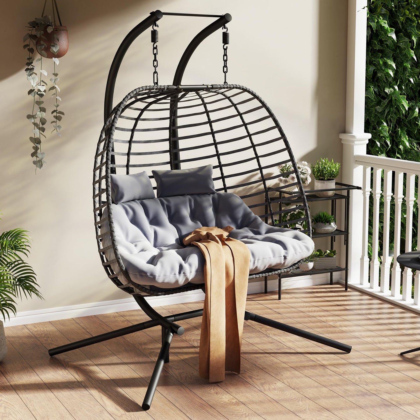 Double Hanging Egg Chair wth Stand, Patio Hammock Swing Chair with Cushion Loveseat for Bedroom, Balcony, Garden, Indoor, Outdoor