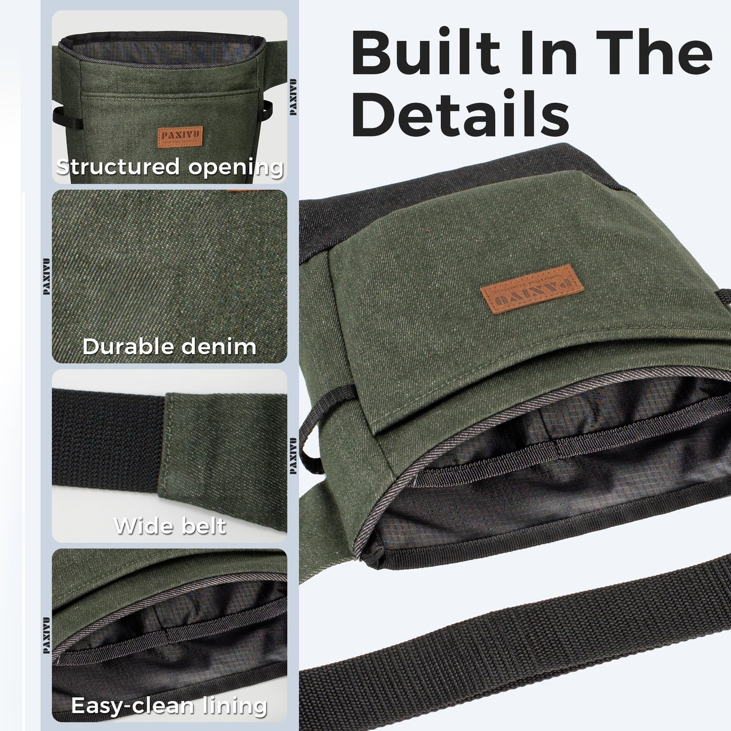 Garden Tool Belt for Women & Men, Forest Green Denim Gardening Apron with Structured Opening, 2 Large Pockets + 2 Inner Pockets, Wide Belt Utility Tool Pouch for Gardening, Florist & Craft