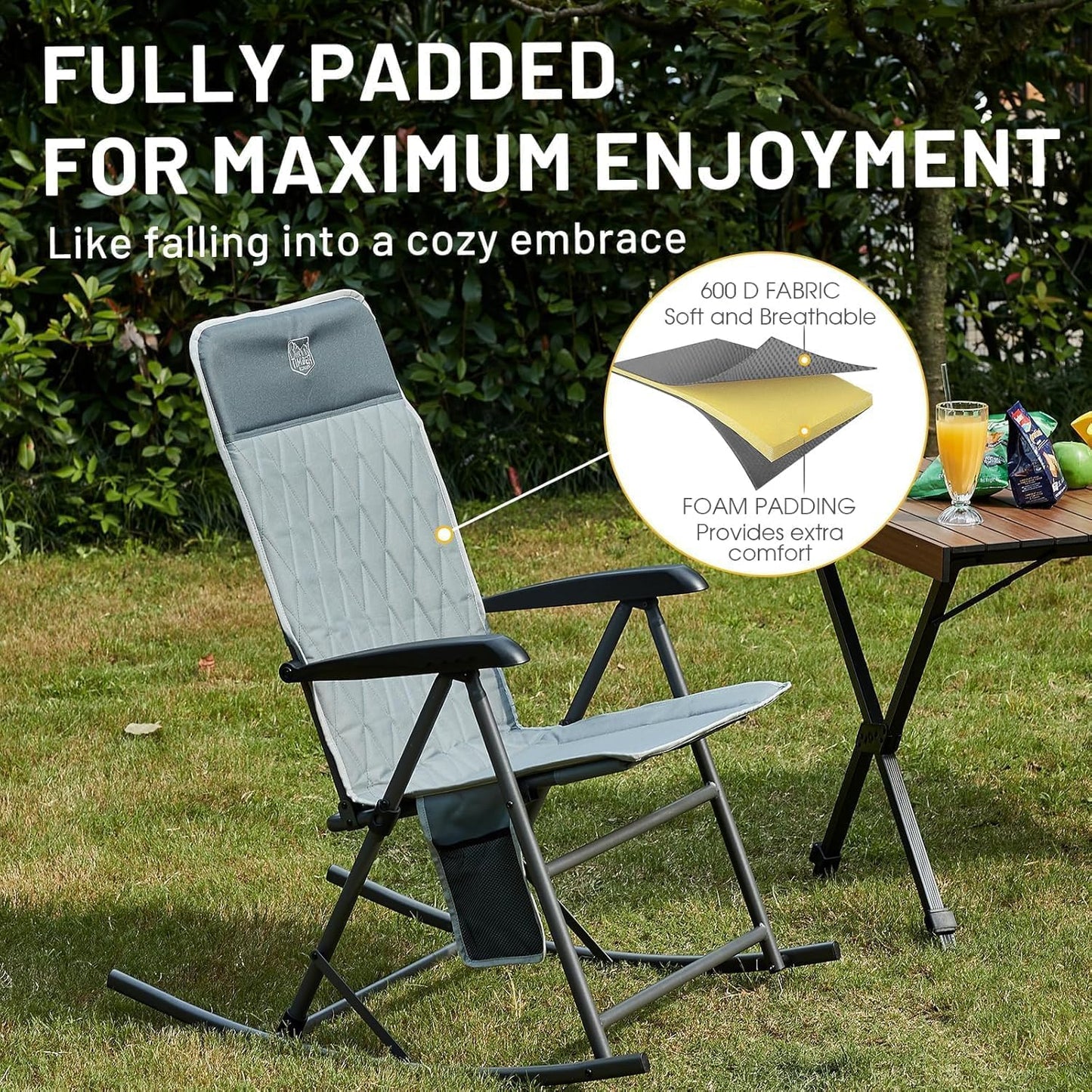 Timber Ridge 3-Level Adjustable Rocking Camping Chair, Padded High Back Outdoor Rocking Chair with Side Pocket, Portable Folding Rocker for Adults, Supports 300 LBS for Lawn, Patio, Porch