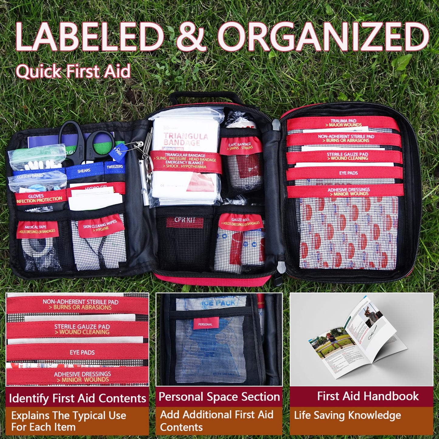 First Aid Kit, Professional Trauma First Aid Kit with Labelled Compartments Molle System for Car, Hiking, Backpacking, Camping, Traveling, and Cycling