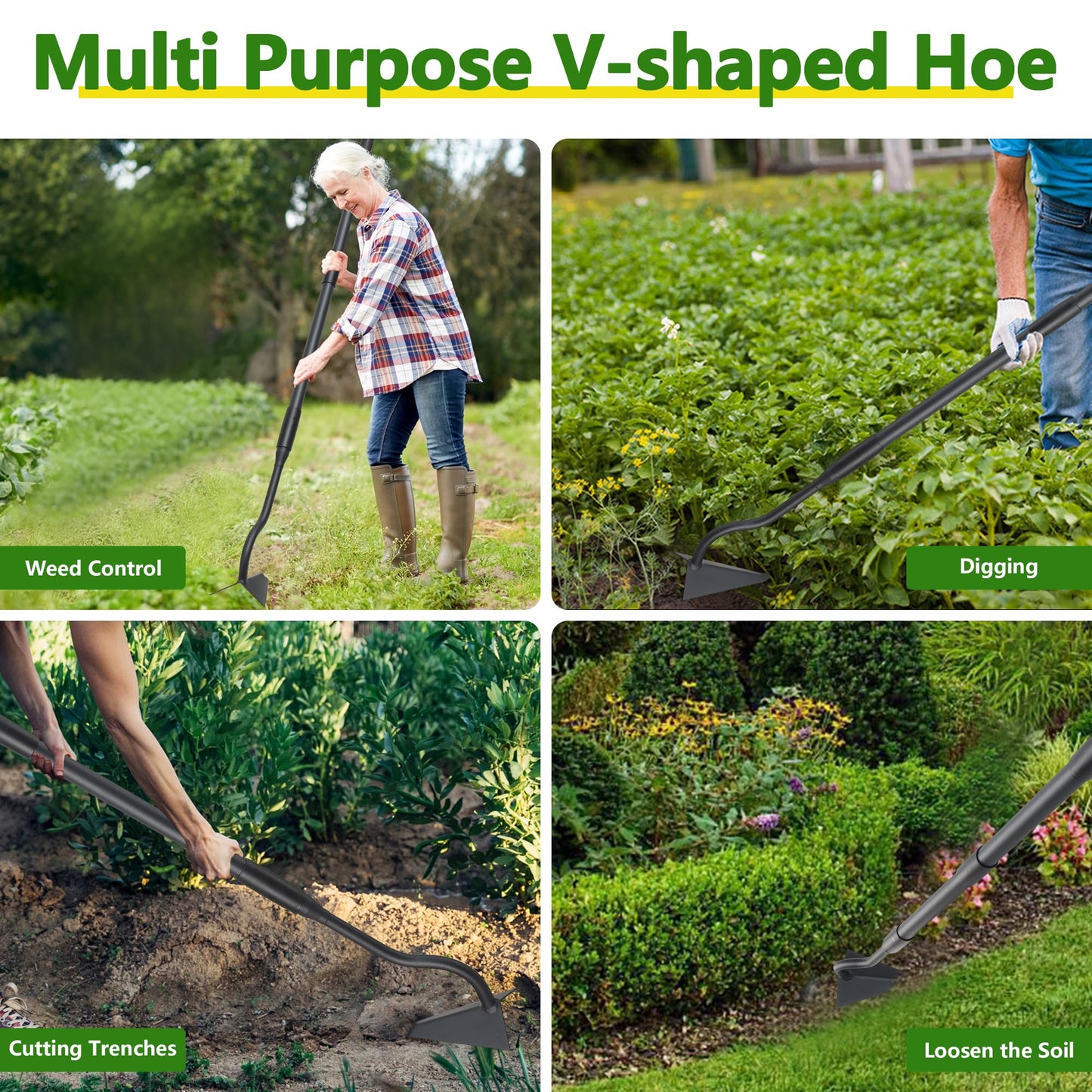 LLARGUEST Hoe Garden Tool, Triangle Garden Hoe for Digging Cutting Trenches Loosen Soil Heavy Duty Hand Weed Hoe Long Handle 59 Inch