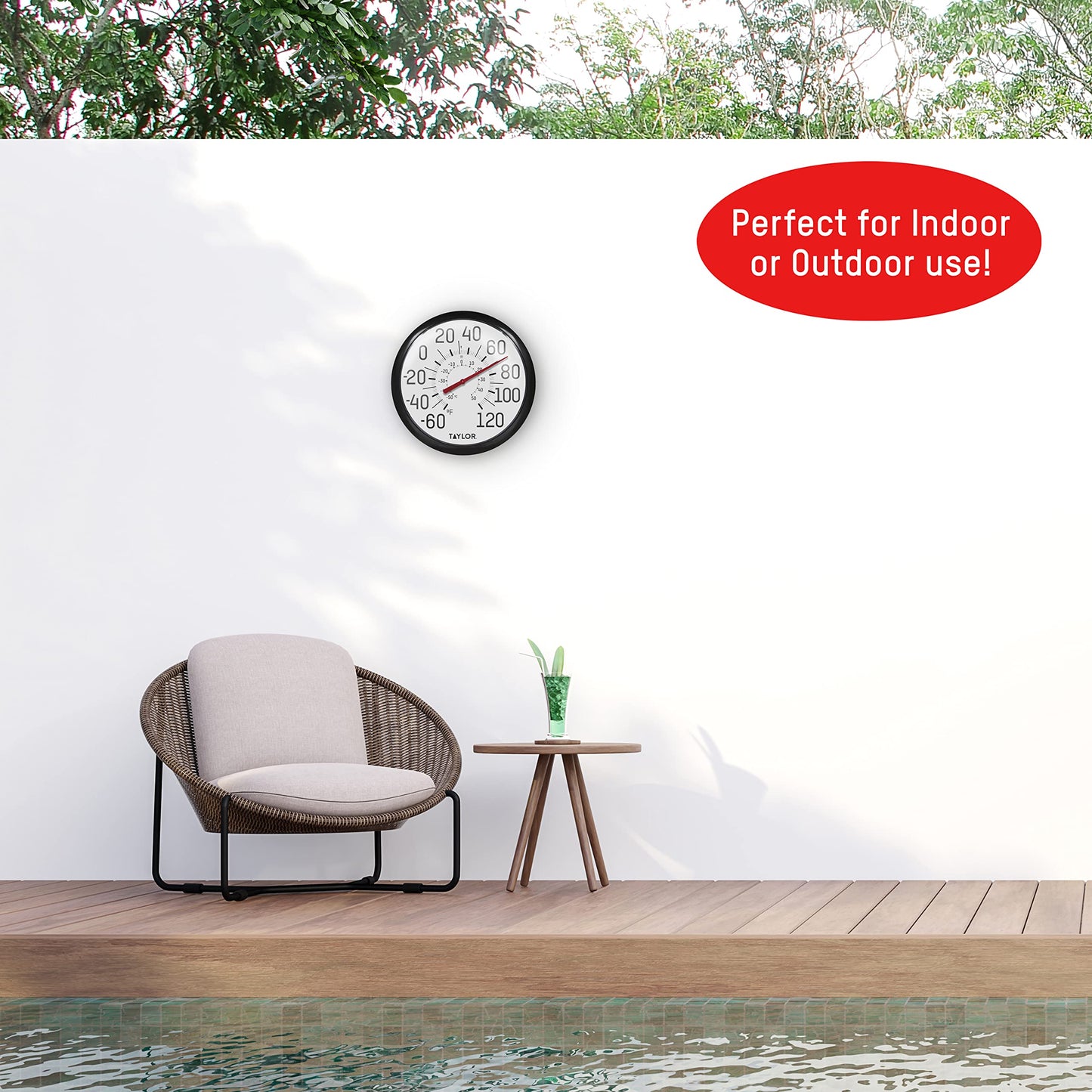 Taylor Big and Bold Wall Thermometer, Indoor Outdoor Thermometer, Wireless Thermometer with Easy to Read Numbers for Patio, Pool, and Indoor Areas, 13.25-inch, Black