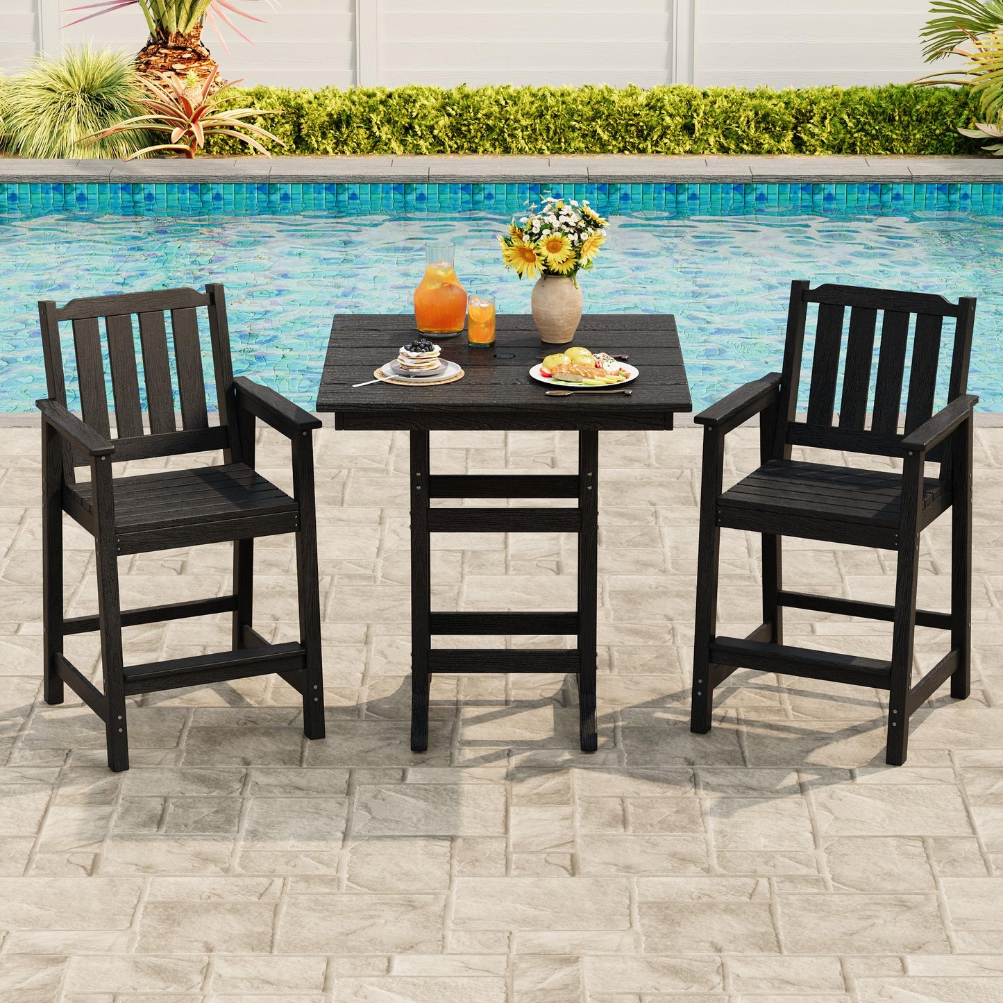 GarveeHome Outdoor Slatted Bar Table and Chairs Set for 3, 3-Piece Bar Height Table and Chairs with Umbrella Hole and Footrest, HDPE All-Weather Patio Bar Set for Balcony, Backyard, Poolside, Black