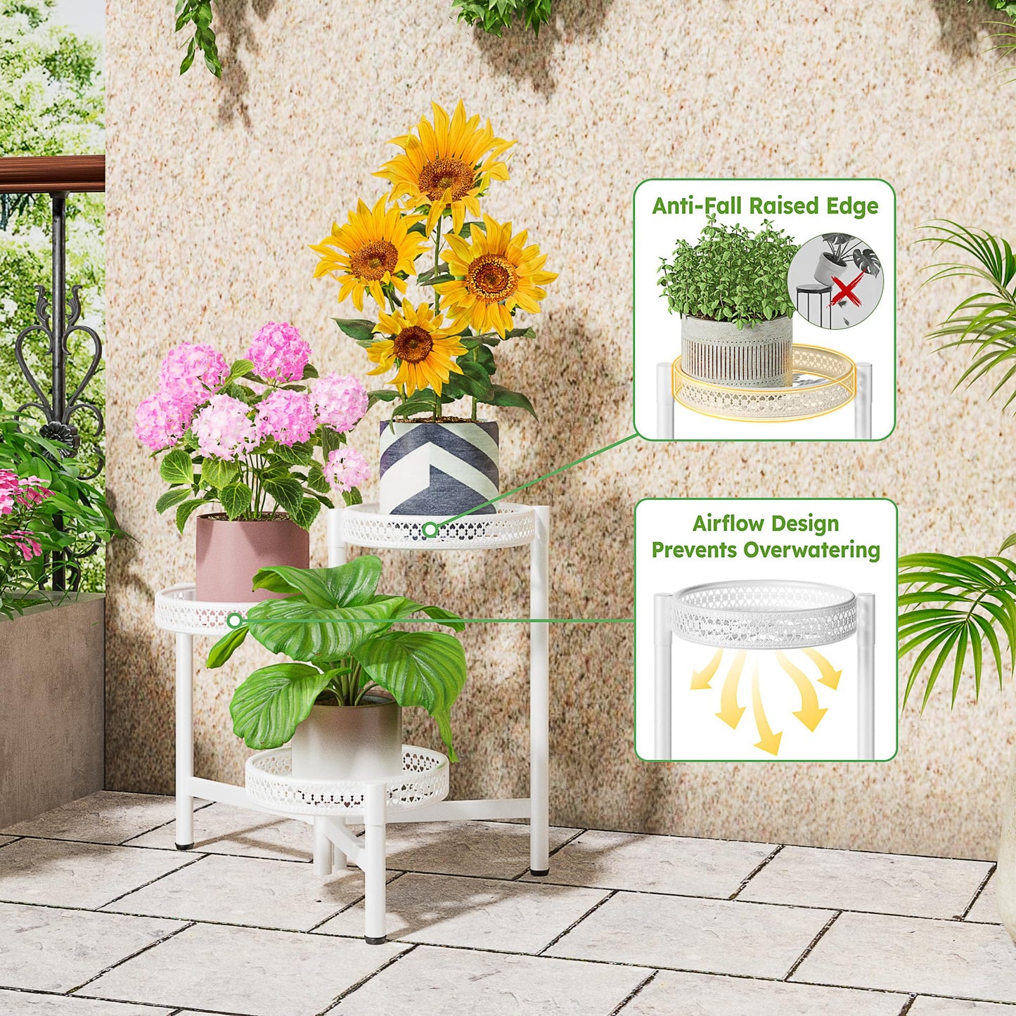 NQW 3 Tiered Tall Plant Stand Indoor Outdoor, Metral Plant Shelf for Corner Display Rack, Multi-Tier Folding Planter Pot Holder Flower Stand for Living Room Balcony Garden Patio - WhiteWave