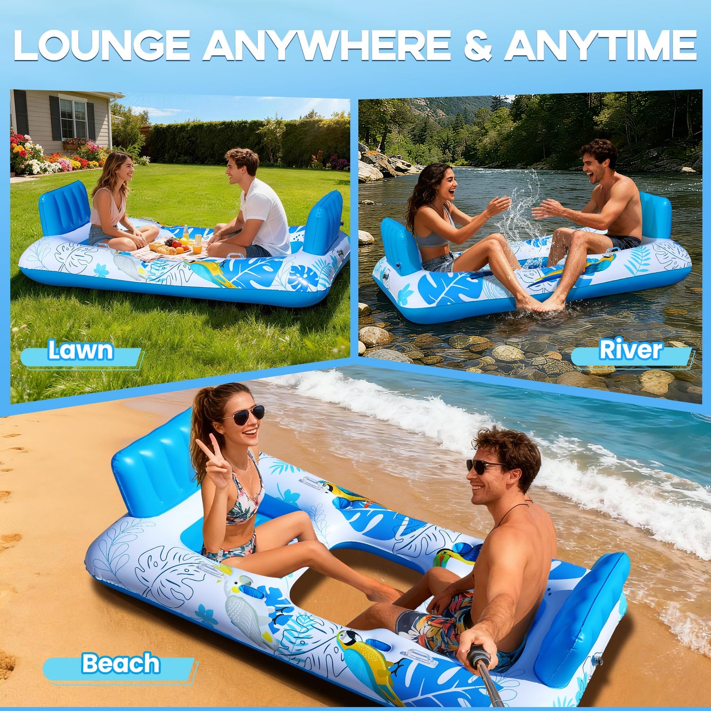 FluSing 2 Person Inflatable Pool Float Adult,87” x 44” Extra Large Inflatable Tanning Pool Lounger Float with Cup & Phone Holders,Pool Float Chair Heavy Duty,Sunbathing Pool Lounger Raft Pool Floaties