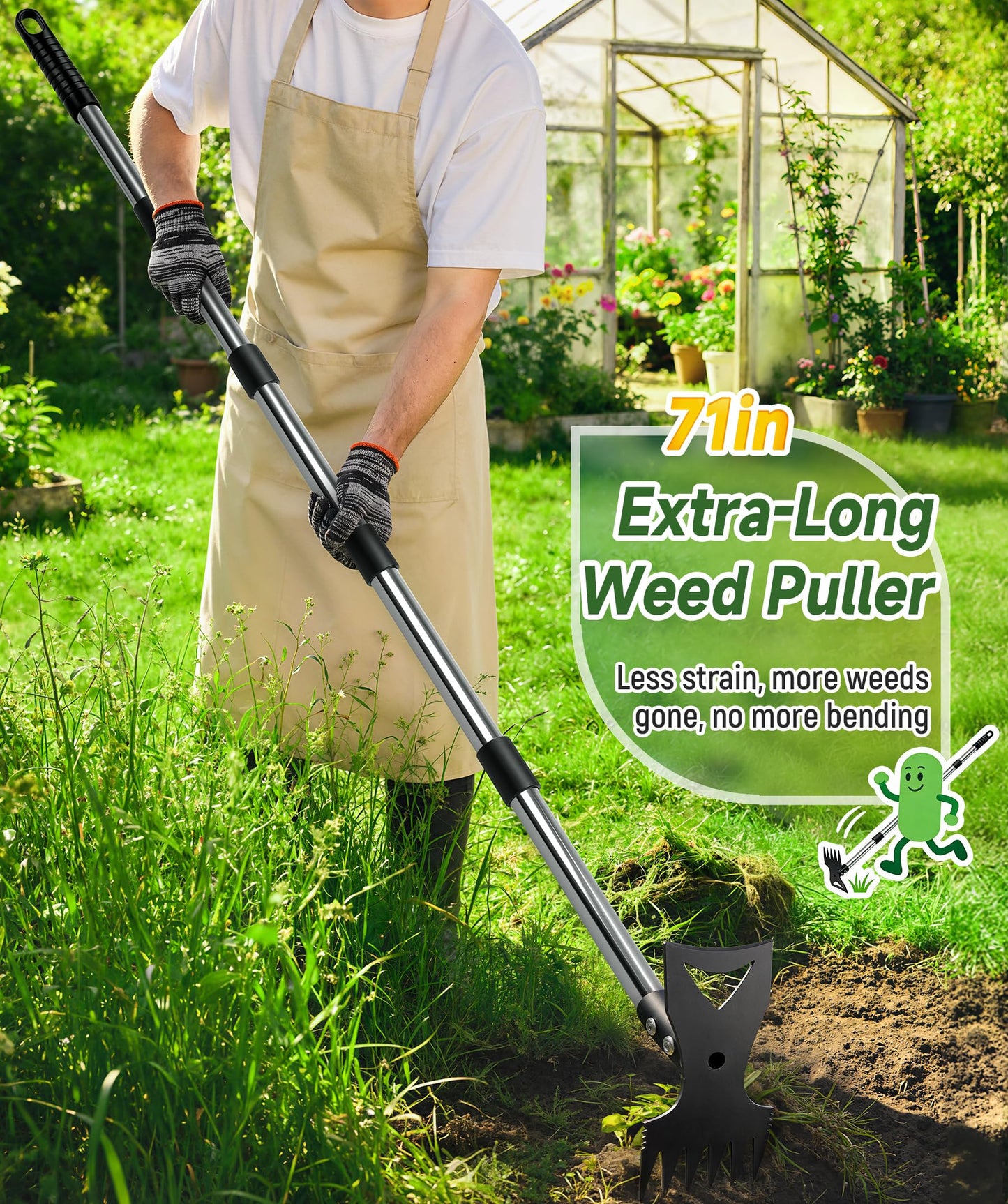 Nelyeqwo 71in Weed Puller Tool with Long Handle, 2 in 1 Adjustable Manual Weeders for Uprooting, Heavy Duty Hand Weed Rake and Garden Hoe with Gloves for Gardens, Lawns, Yards