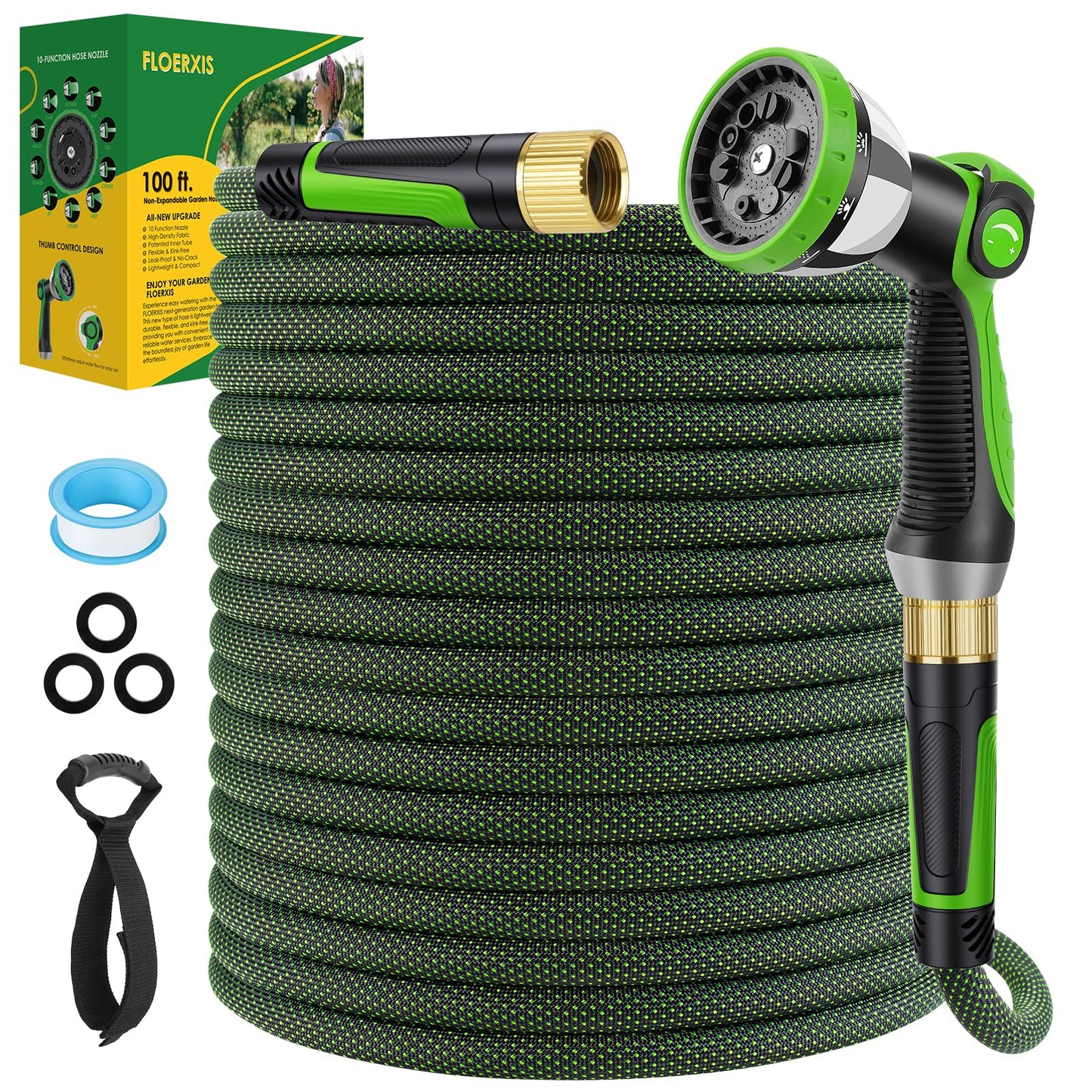 FLOERXIS Non-Expandable Garden Hose 100 FT, Lightweight Hose with 10 Function Spray Nozzle, Kink-Free Flexible Water Hose, Durable, Leak-Proof, 360° Swivel Connectors, Portable Storage Strap