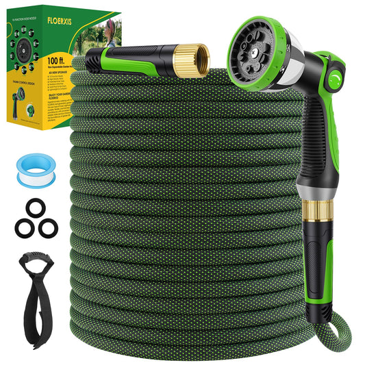 FLOERXIS Non-Expandable Garden Hose 100 FT, Lightweight Hose with 10 Function Spray Nozzle, Kink-Free Flexible Water Hose, Durable, Leak-Proof, 360° Swivel Connectors, Portable Storage Strap