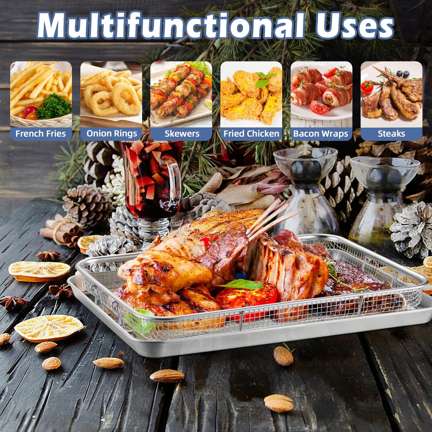 TeamFar Air Fryer Basket for Oven, 12.5”x9.6” Stainless Steel Air Fryer Basket and Tray, Oven Air Fryer Rack with Baking Pan for Cooking Baking Broiling Grilling, Heavy Duty & Dishwasher Safe