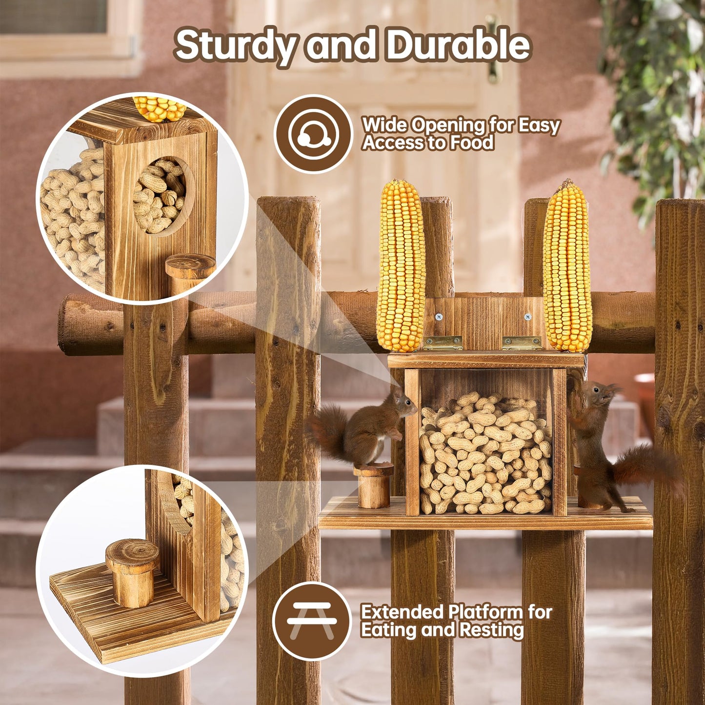 Carbonized Squirrel Feeders for Outside, Funny Chipmunk Feeder, Easy Filling & Cleaning with Removable Front Panel, Durable Outdoor House Box, Attracts Squirrel & Chipmunk