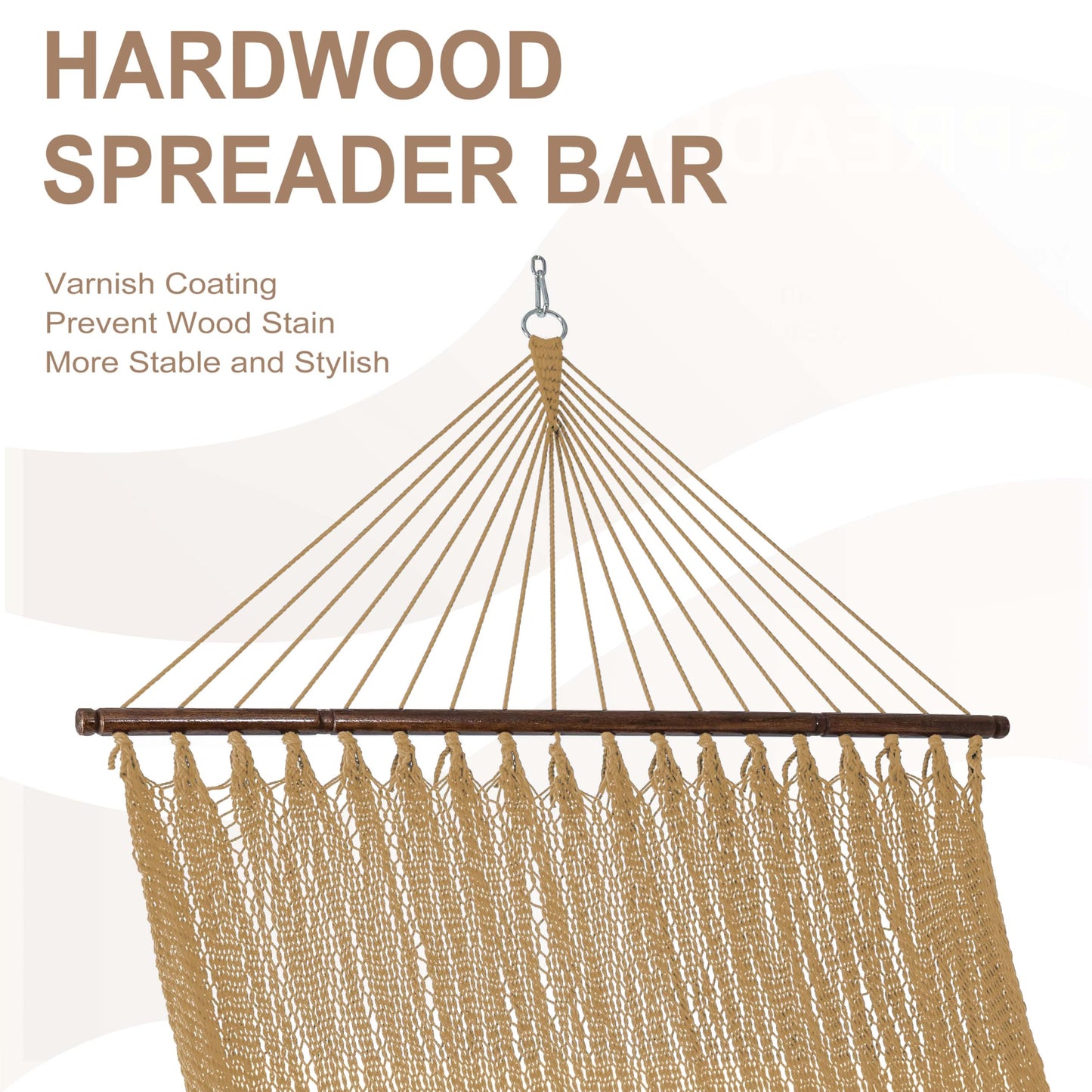 Lazy Daze Hammocks 10.5 FT Double 2 Person Caribbean Rope Hammock, Hand Woven Polyester Hammock with Spreader Bars, for Outside Outdoor Backyard Patio Poolside, 450 LBS Capacity, Tan