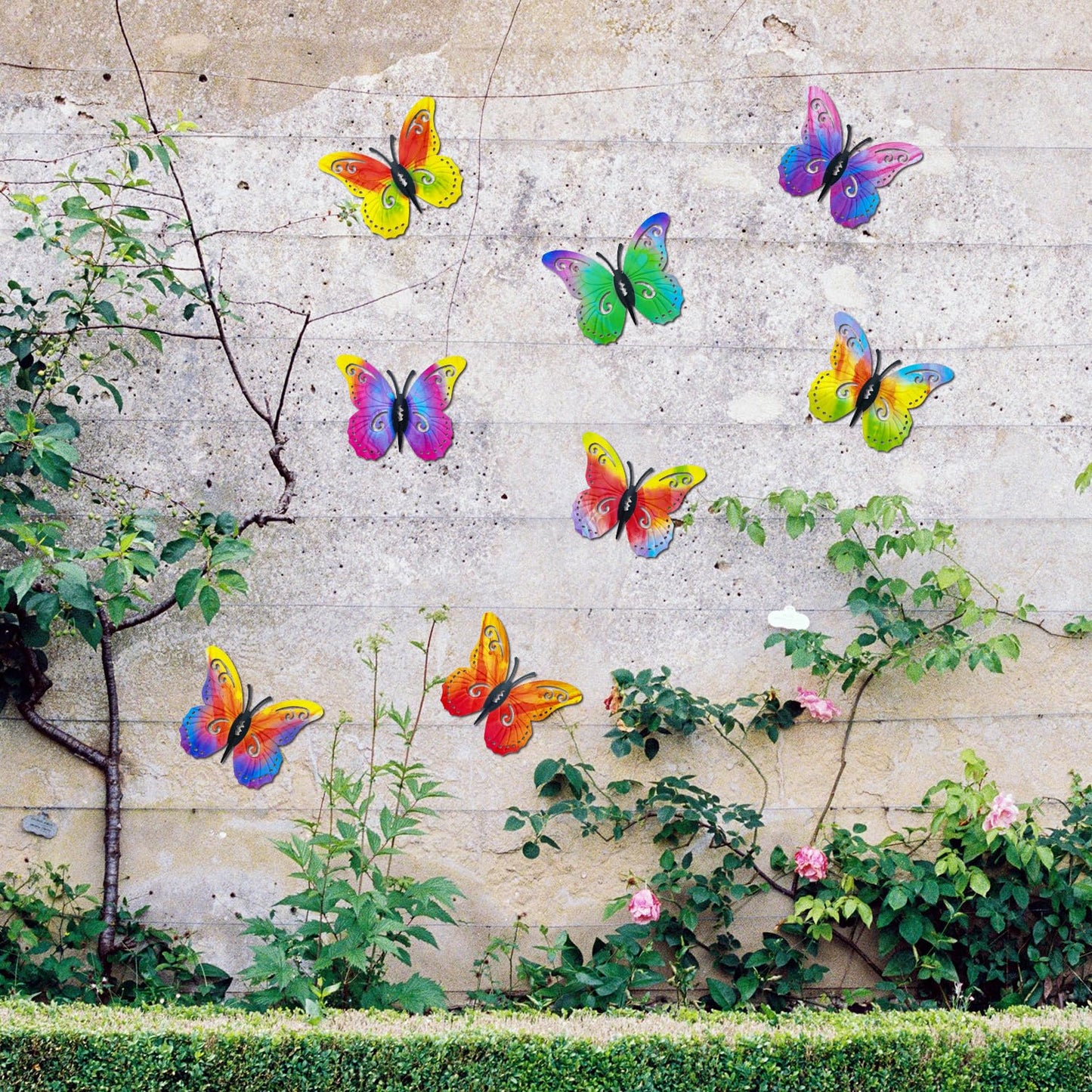 Distella Metal Butterfly Wall Decor, 8 pcs Exquisite Outdoor Wall Art Sculpture Hanging Decoration for Outside Garden Balcony Fence Courtyard Farm Exterior Decorations