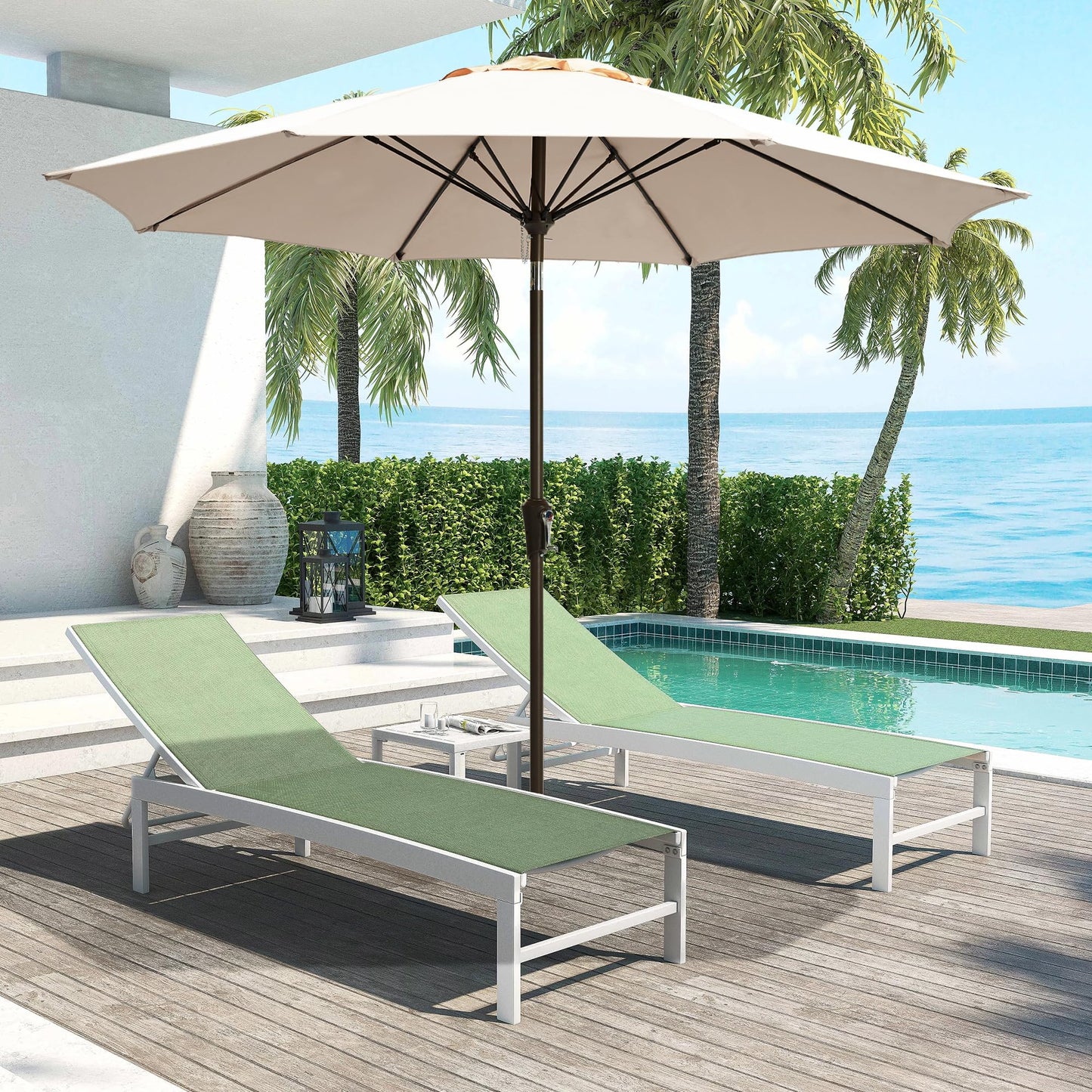 LOUNZY 9FT Large Outdoor Patio Umbrella Table Umbrella-UV Resistant,Easy Push Button Tilt and Crank,8 Sturdy Fiberglass Ribs Pool Umbrella for Patio,Backyard,Deck,Yard,Market,Beige
